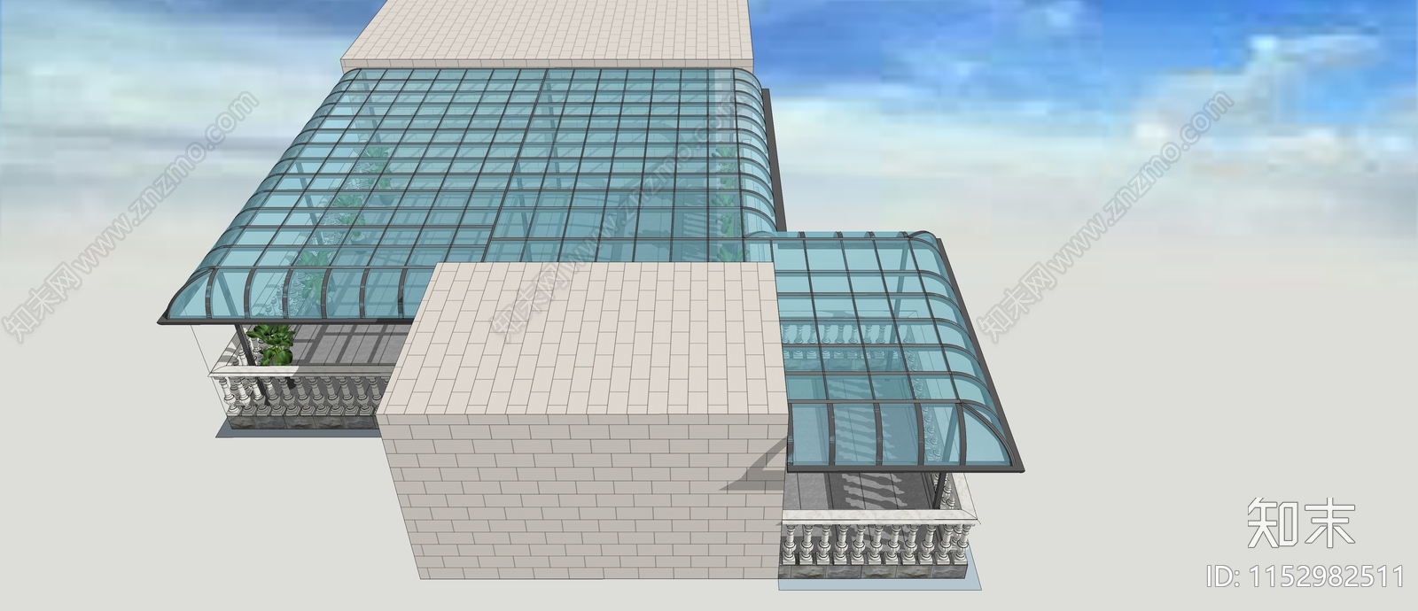 现代前弧形铝合金阳光房SU模型下载【ID:1152982511】