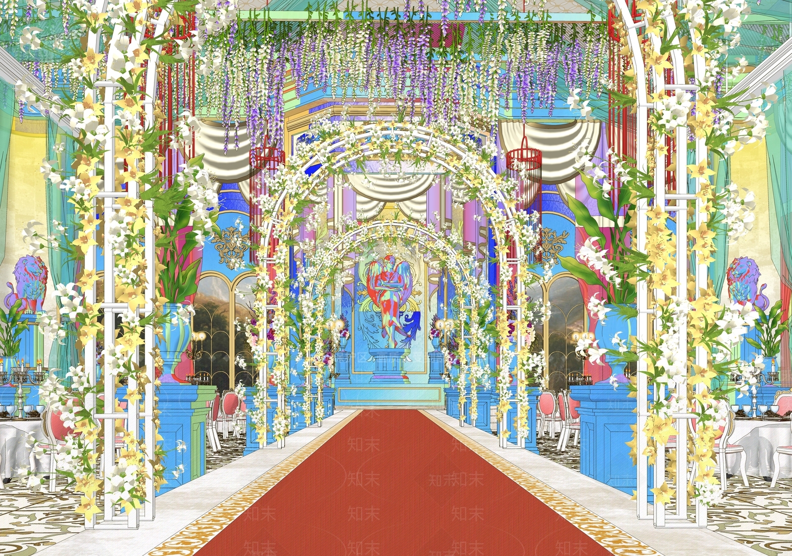 欧式婚礼花廊殿堂宴会厅SU模型下载【ID:1152983747】