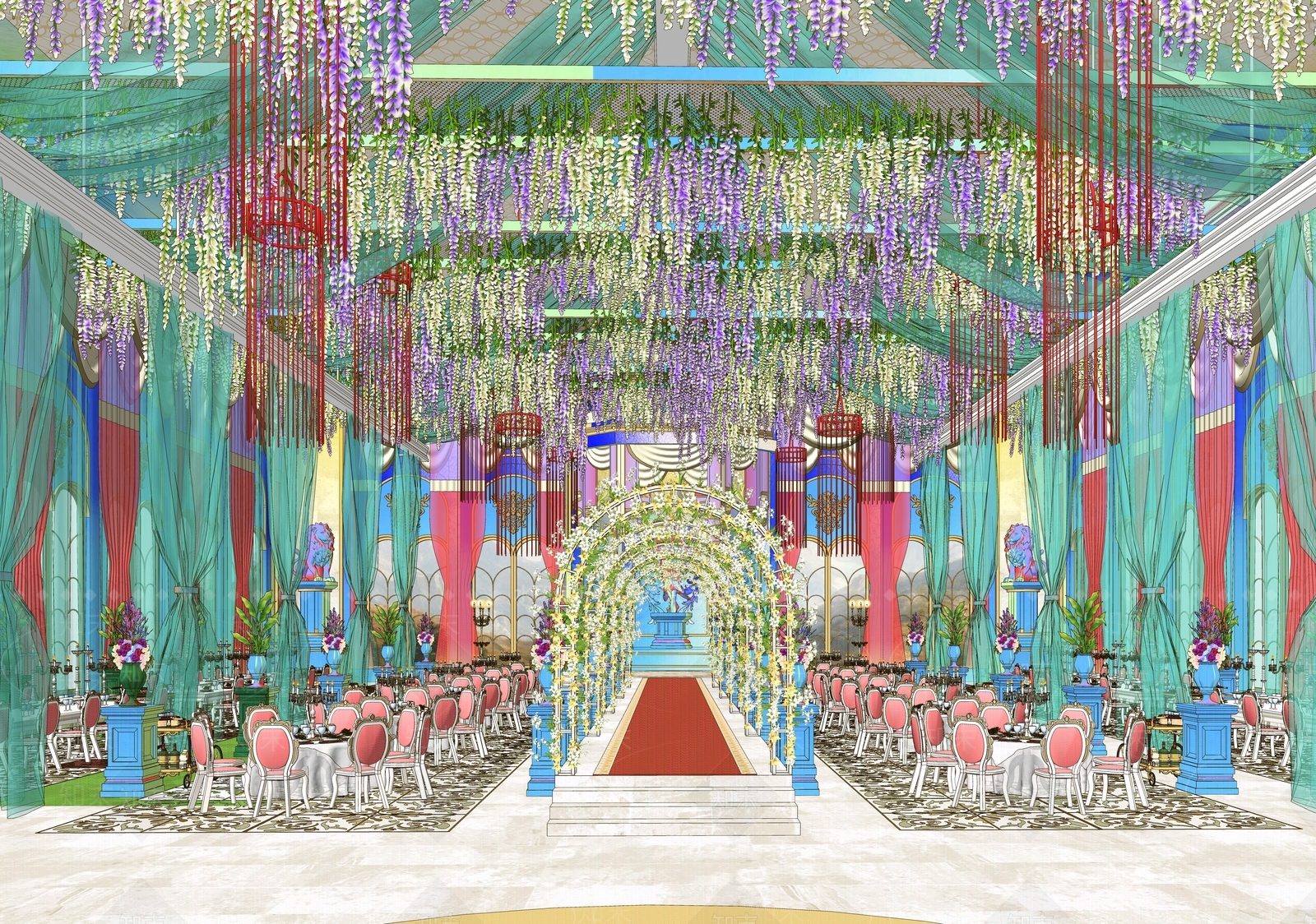 欧式婚礼花廊殿堂宴会厅SU模型下载【ID:1152983747】