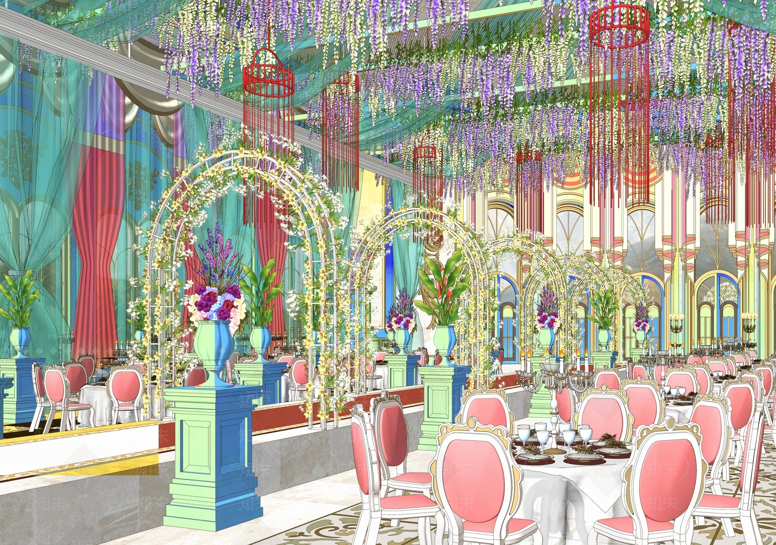 欧式婚礼花廊殿堂宴会厅SU模型下载【ID:1152983747】