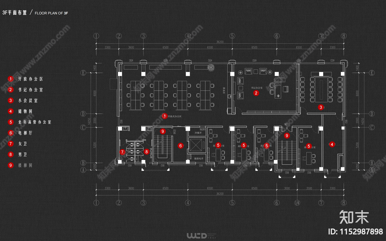 2000㎡办公会所平面图cad施工图下载【ID:1152987898】