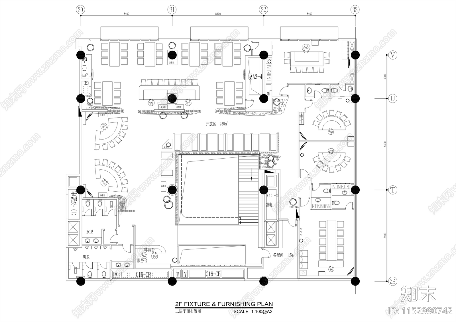 1000㎡两层铁板烧日料餐厅平面布置图施工图下载【ID:1152990742】