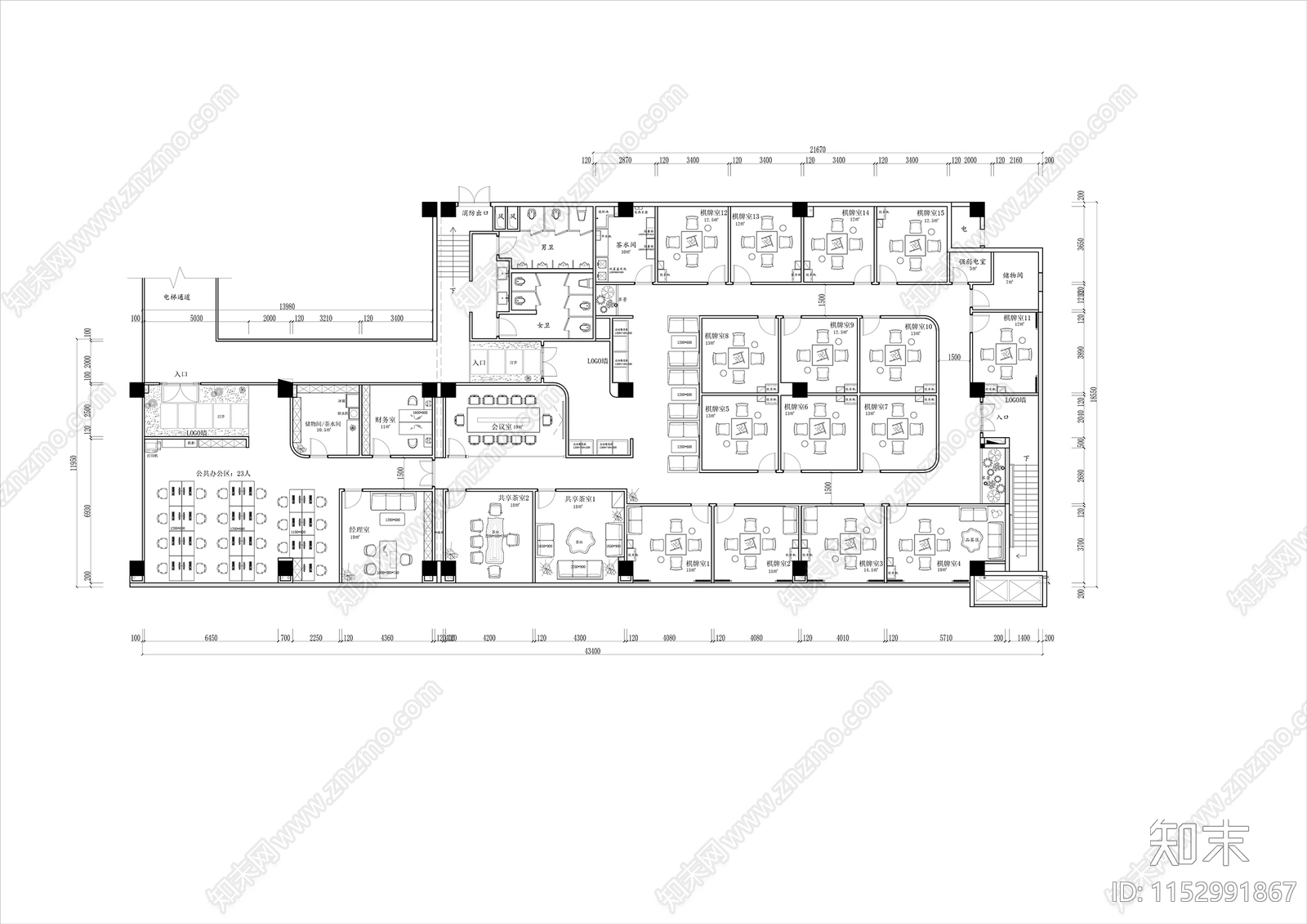 700㎡共享棋牌室平面图cad施工图下载【ID:1152991867】