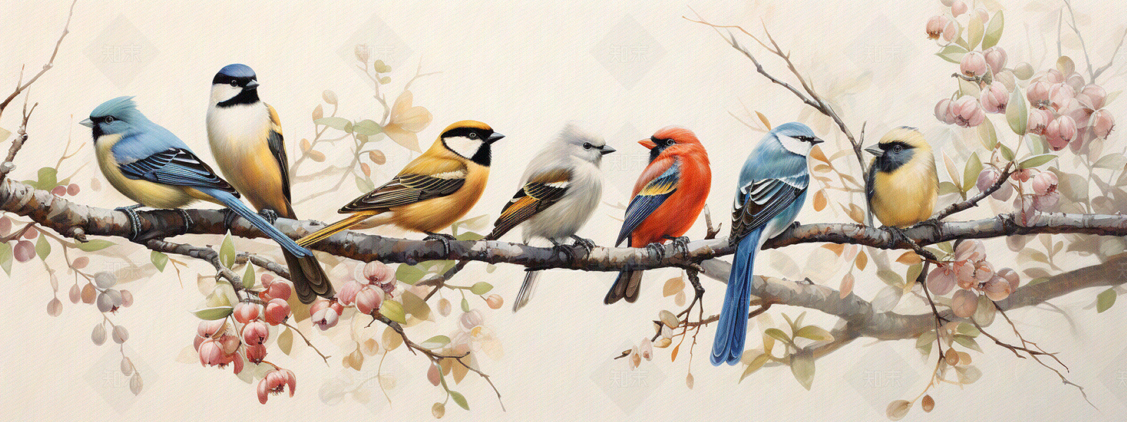 彩色树枝小鸟装饰画贴图下载【ID:1153011312】