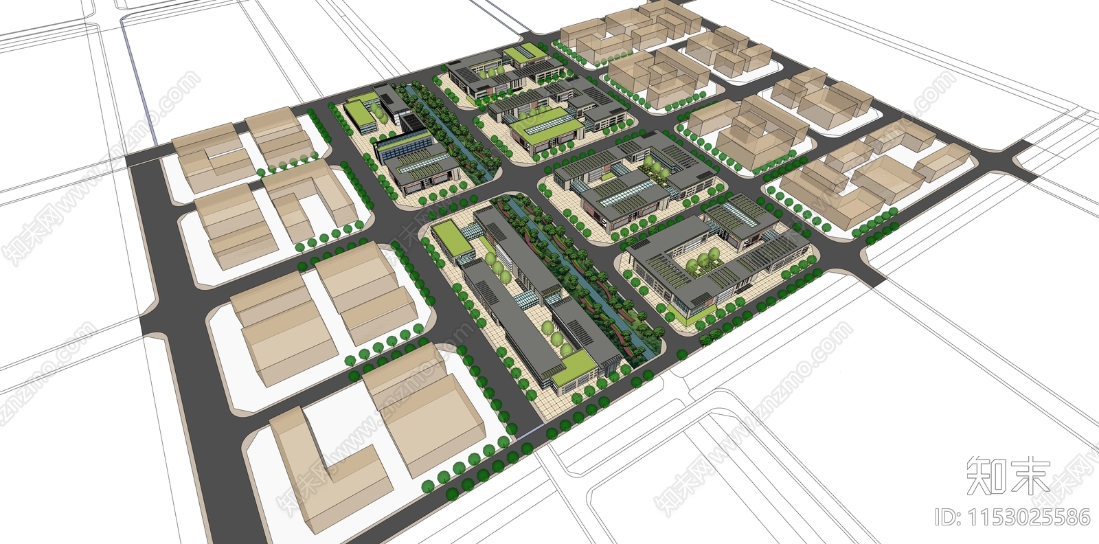 现代办公产业园建筑SU模型下载【ID:1153025586】