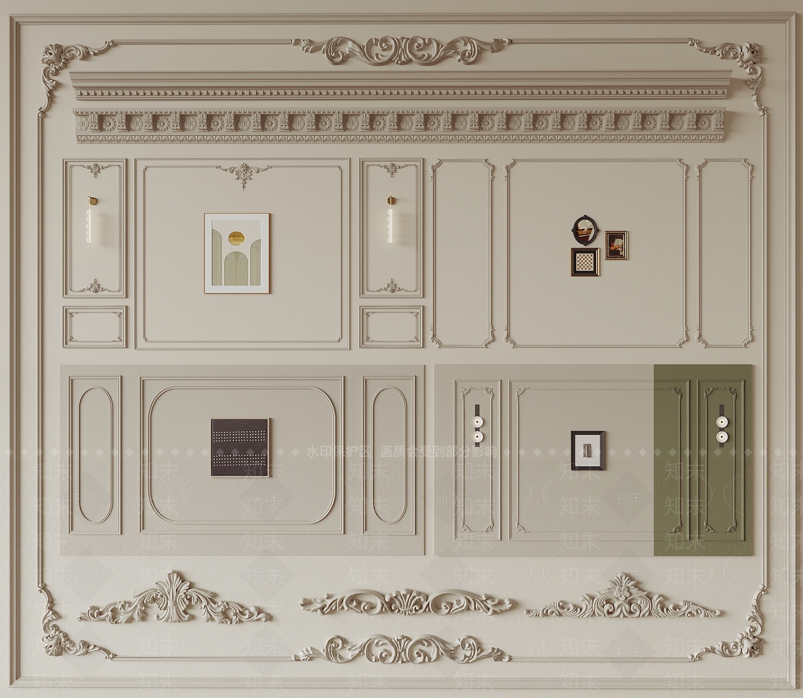 法式石膏线背景墙3D模型下载【ID:1153030836】