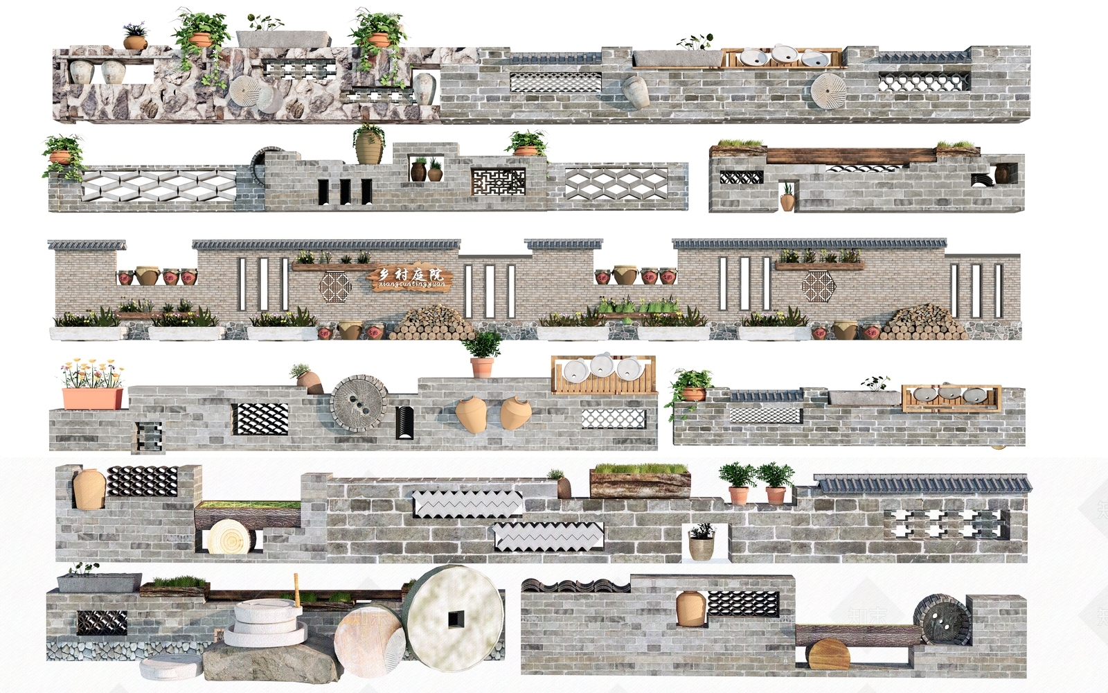 新中式乡村景墙3D模型下载【ID:1153033834】
