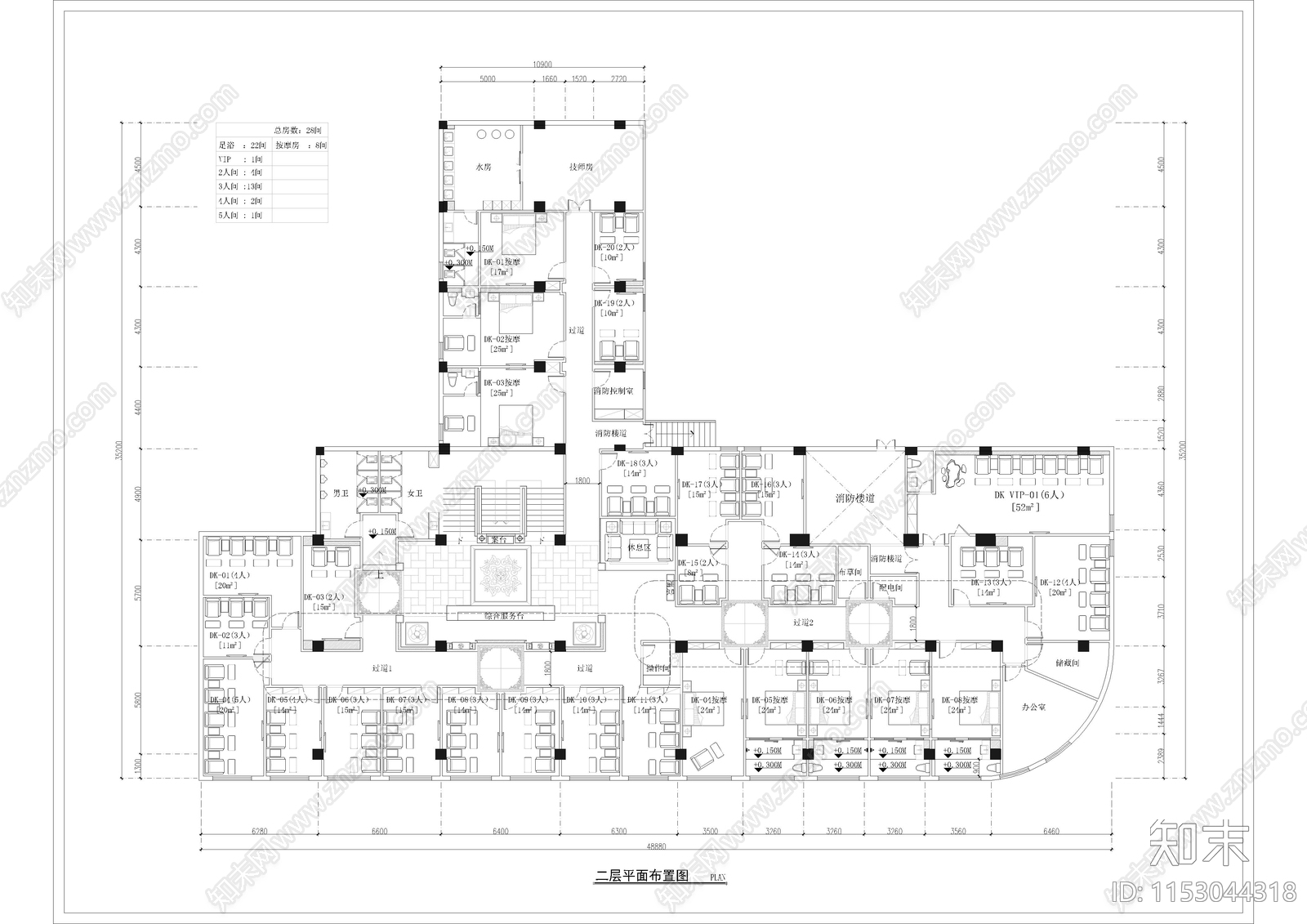 1160㎡足道足疗会所空间cad施工图下载【ID:1153044318】
