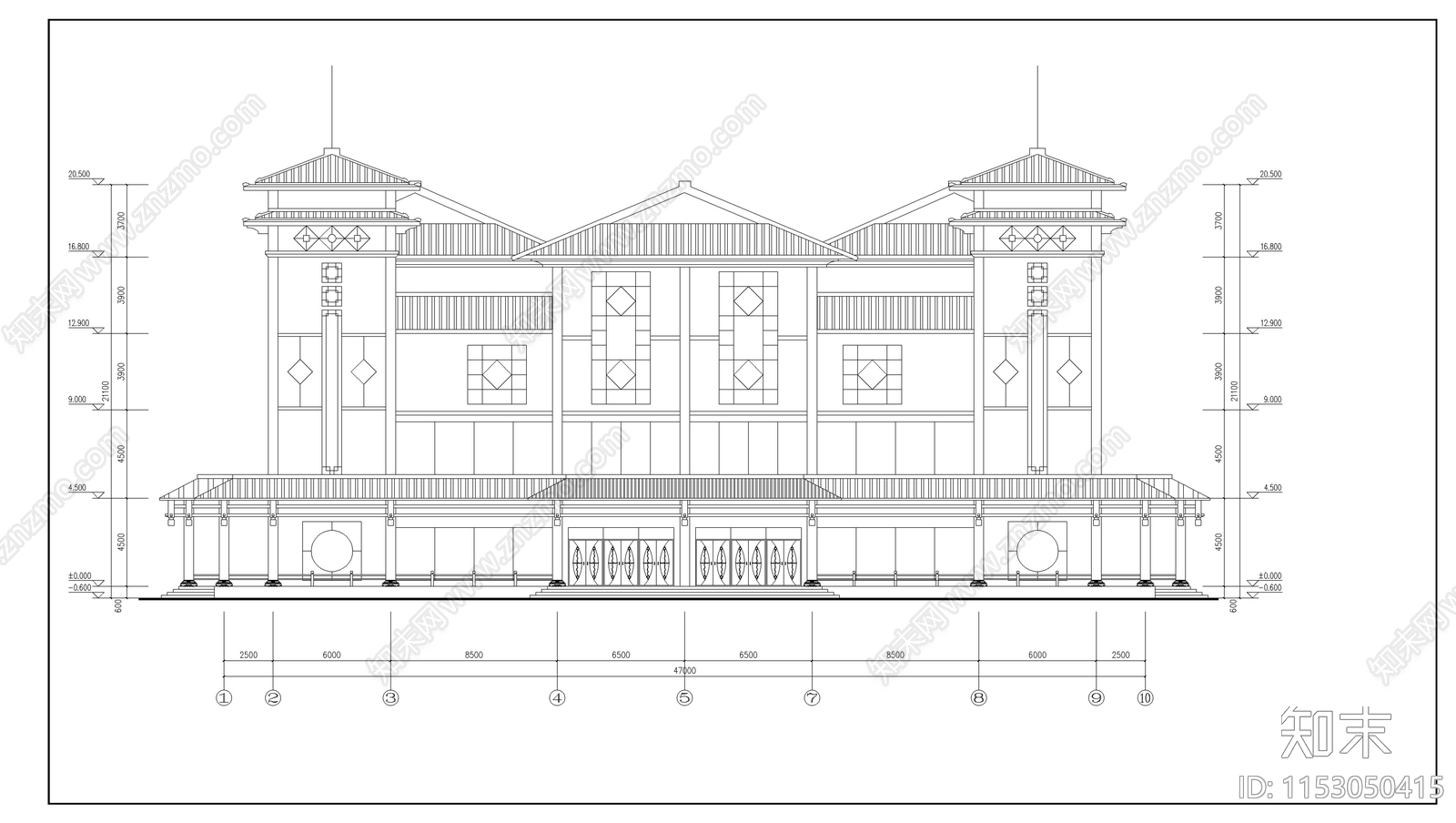 现代仿古建筑服务中心施工图下载【ID:1153050415】