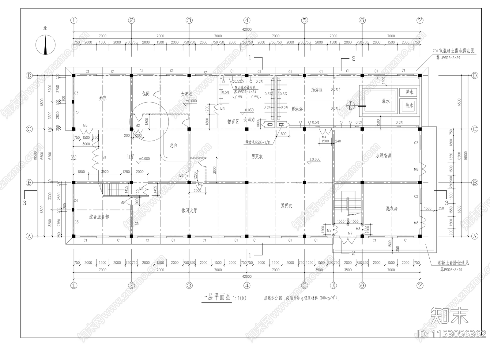 洗浴中心全套建筑图cad施工图下载【ID:1153056362】