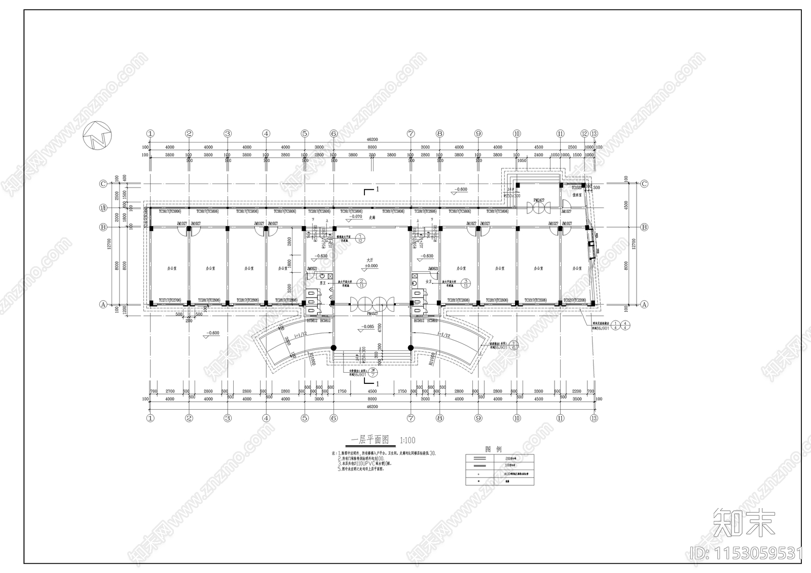 办公楼建筑cad施工图下载【ID:1153059531】