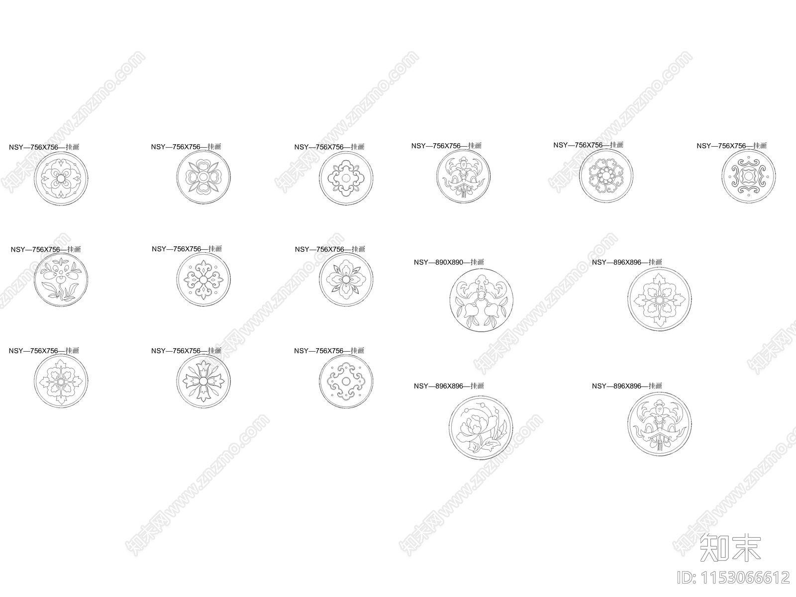 中式图腾圆形挂画立面图库施工图下载【ID:1153066612】
