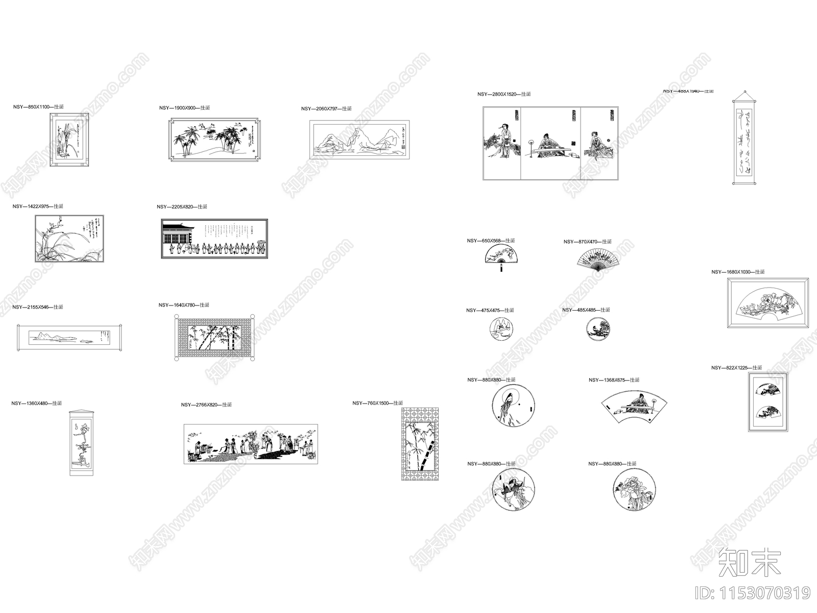 中式字画挂画立面图库cad施工图下载【ID:1153070319】