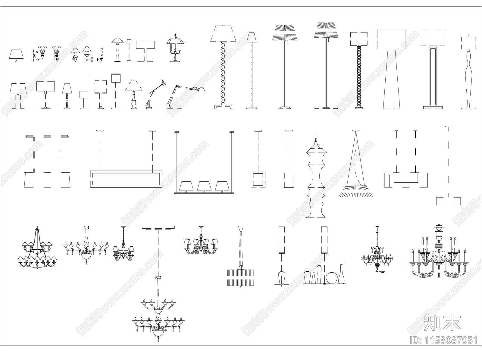 多种灯具立面cad施工图下载【ID:1153087951】
