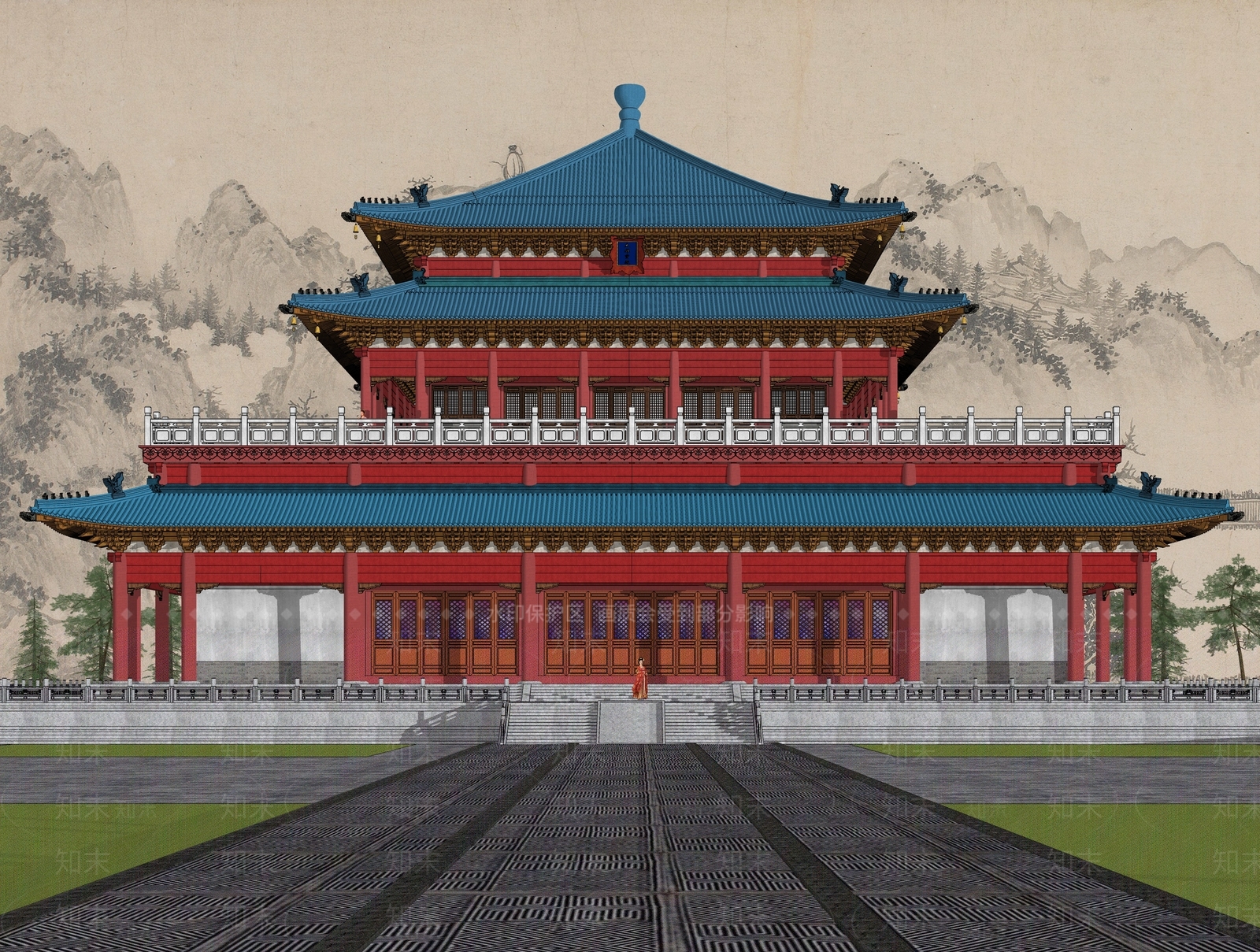 中式寺庙攒尖顶大殿SU模型下载【ID:1153088849】