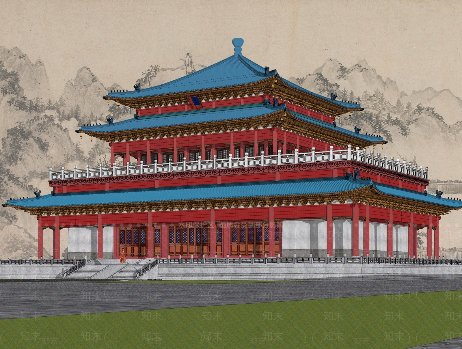 中式寺庙攒尖顶大殿SU模型下载【ID:1153088849】