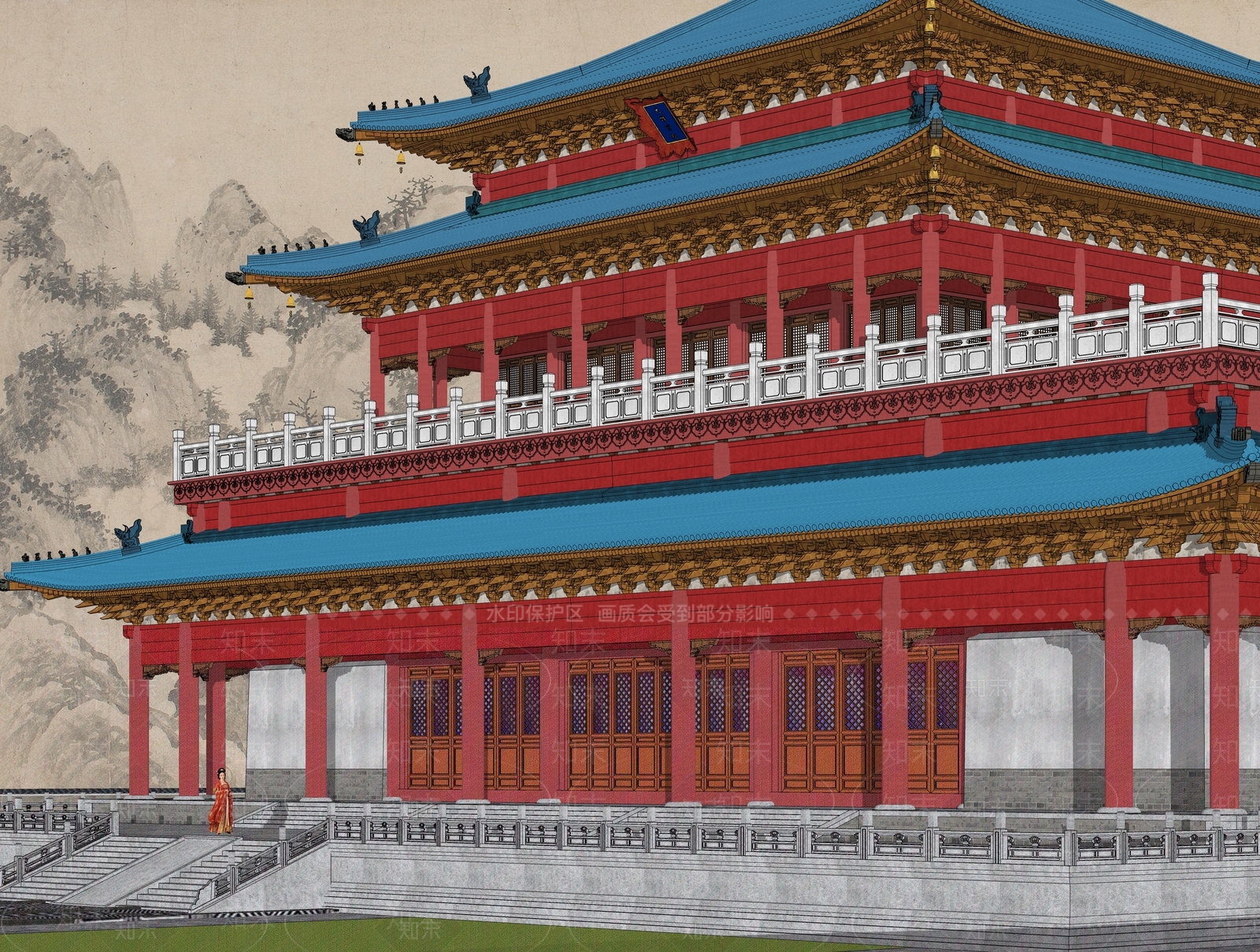 中式寺庙攒尖顶大殿SU模型下载【ID:1153088849】