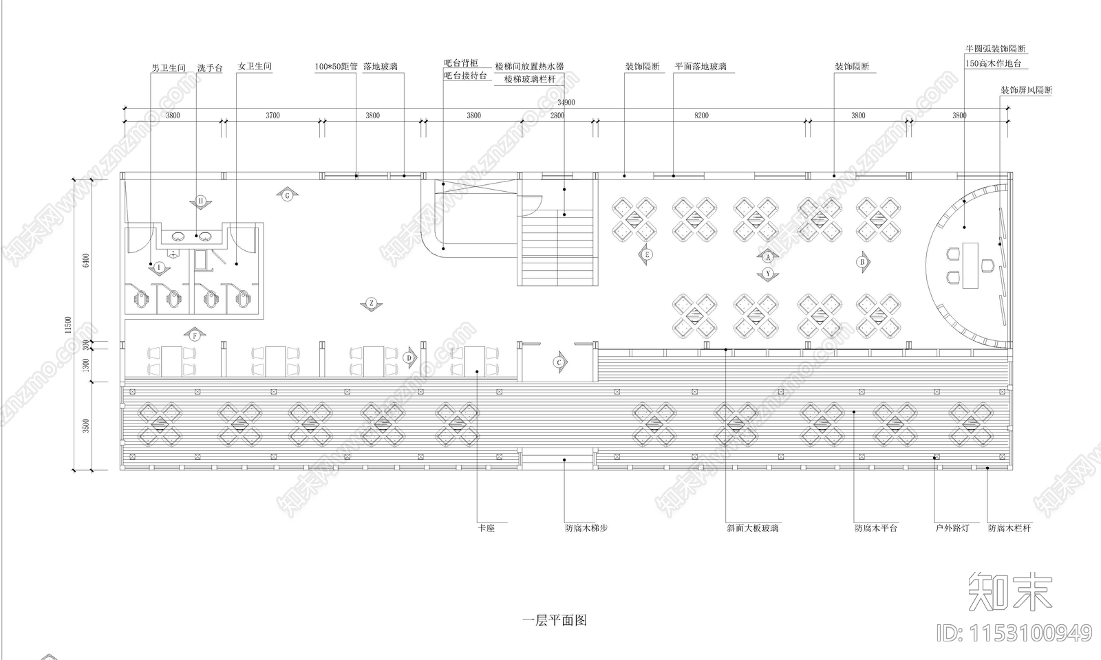 度假村茶楼室内cad施工图下载【ID:1153100949】