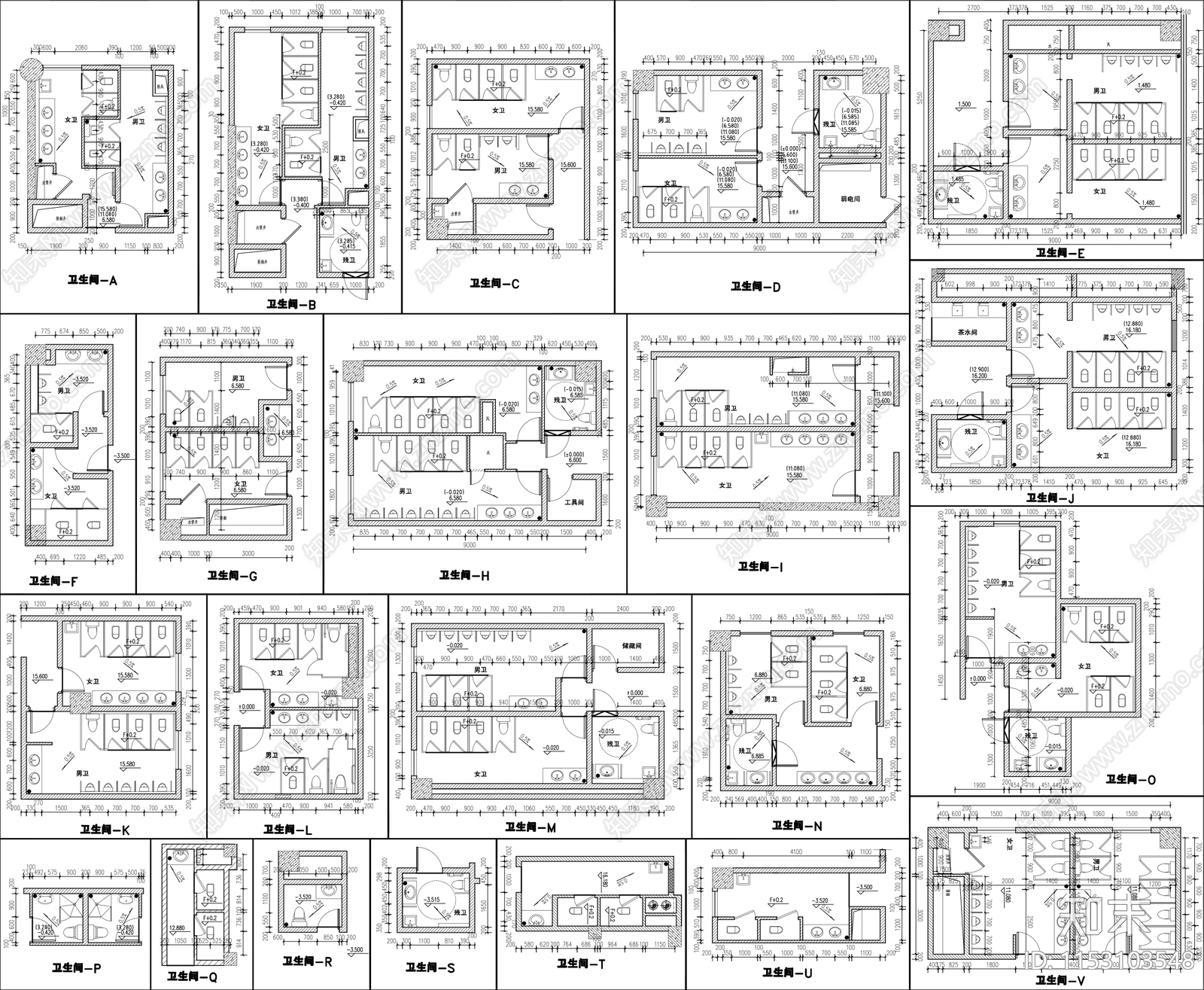 各种公共卫生间建筑平面图施工图下载【ID:1153103548】