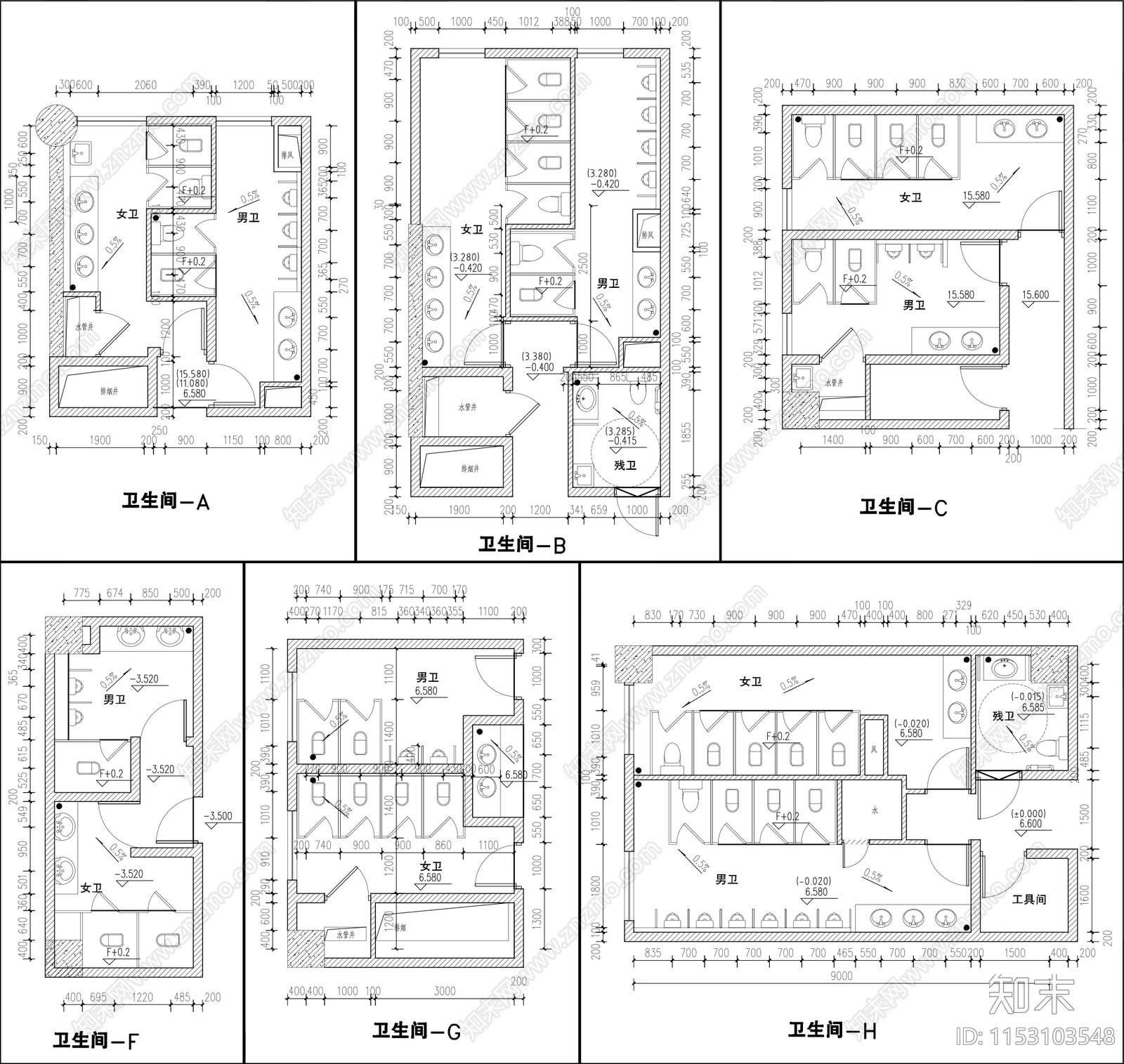 各种公共卫生间建筑平面图施工图下载【ID:1153103548】