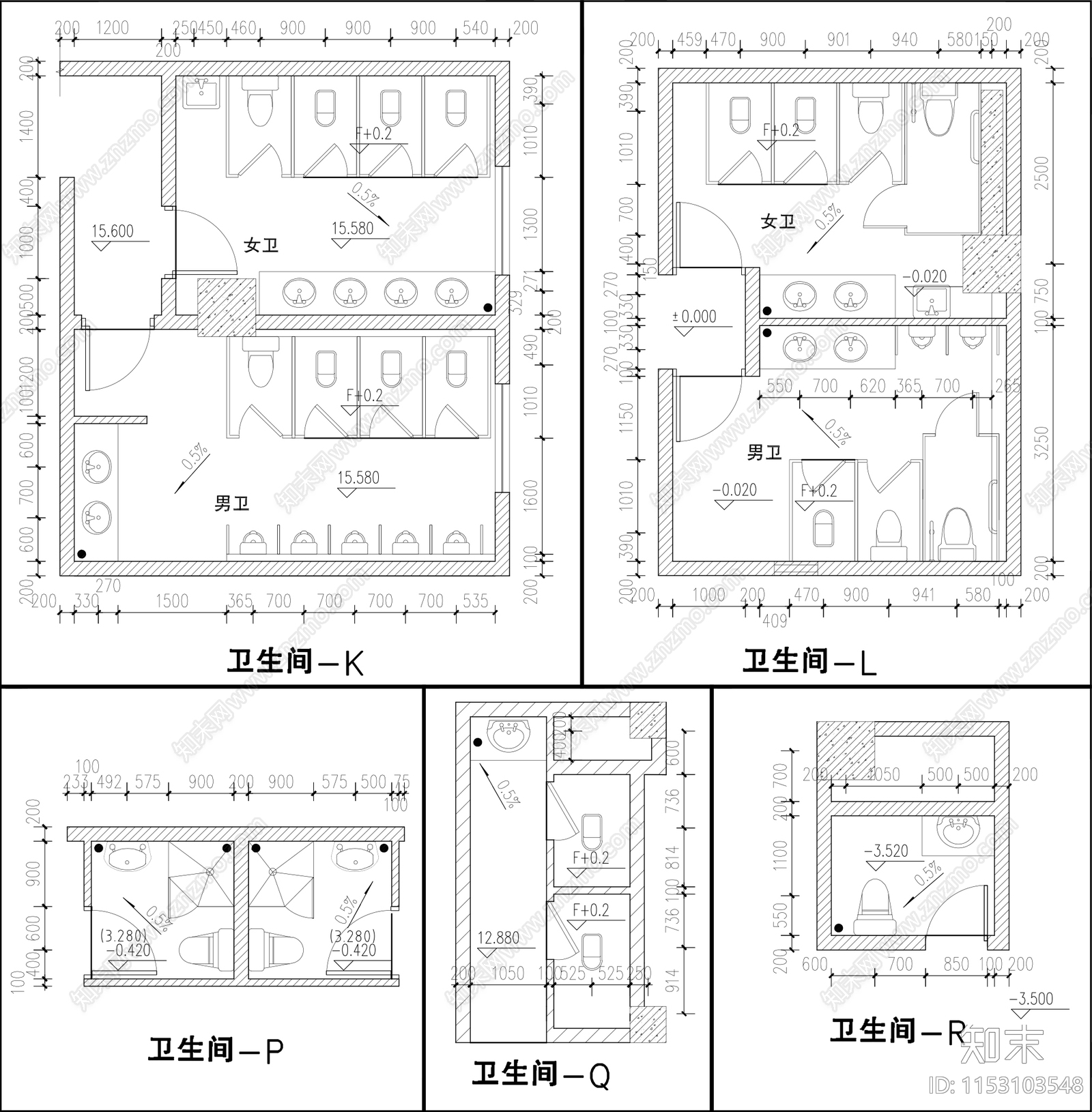 各种公共卫生间建筑平面图施工图下载【ID:1153103548】