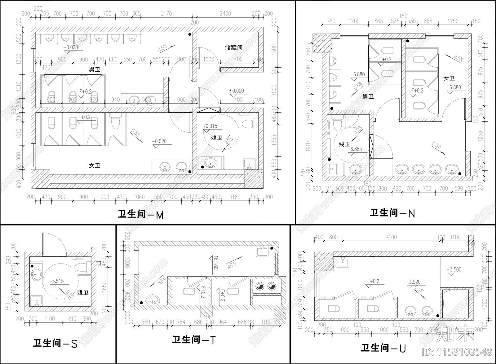 各种公共卫生间建筑平面图施工图下载【ID:1153103548】