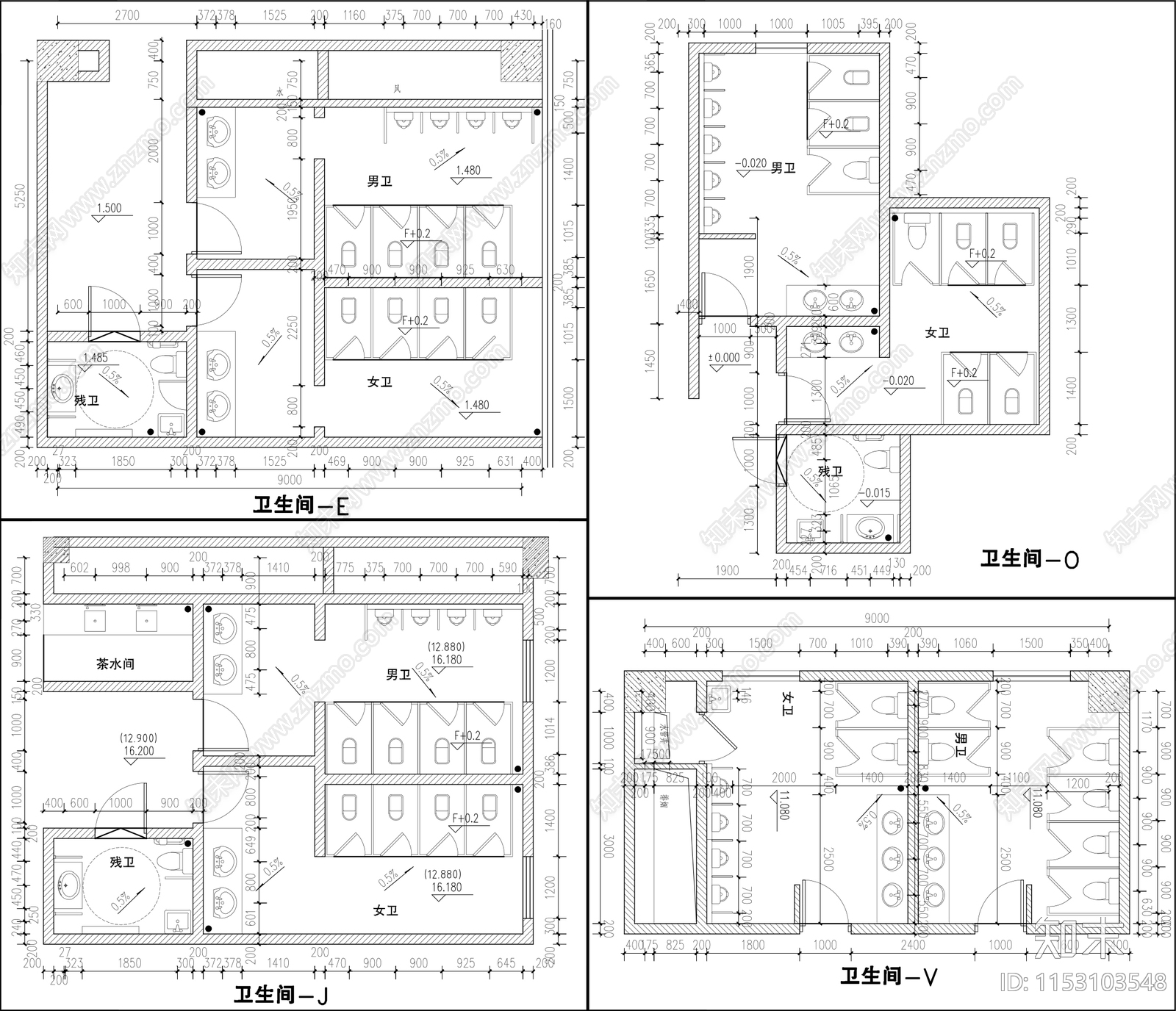 各种公共卫生间建筑平面图施工图下载【ID:1153103548】