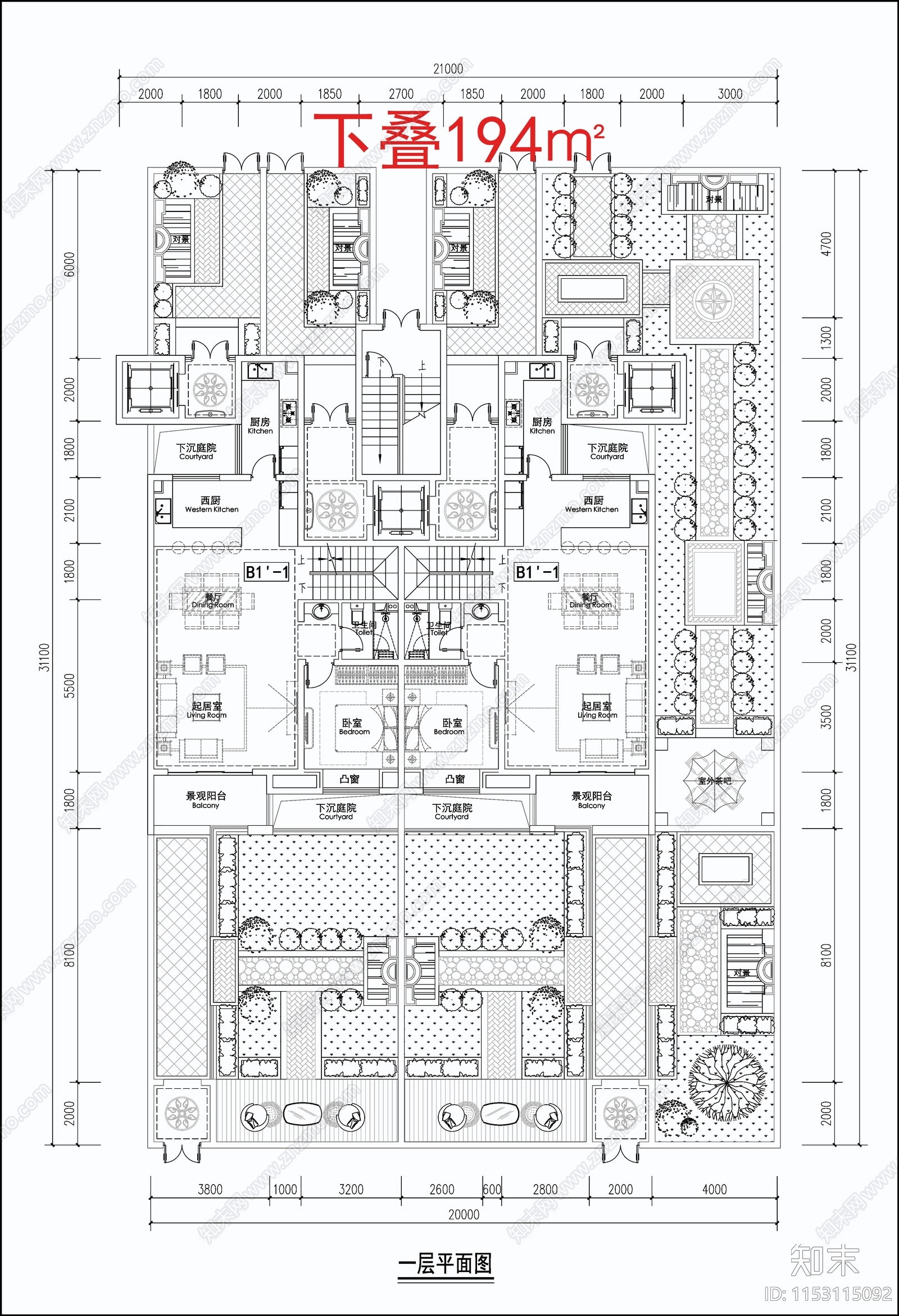 现代多层叠加别墅建筑平面图施工图下载【ID:1153115092】