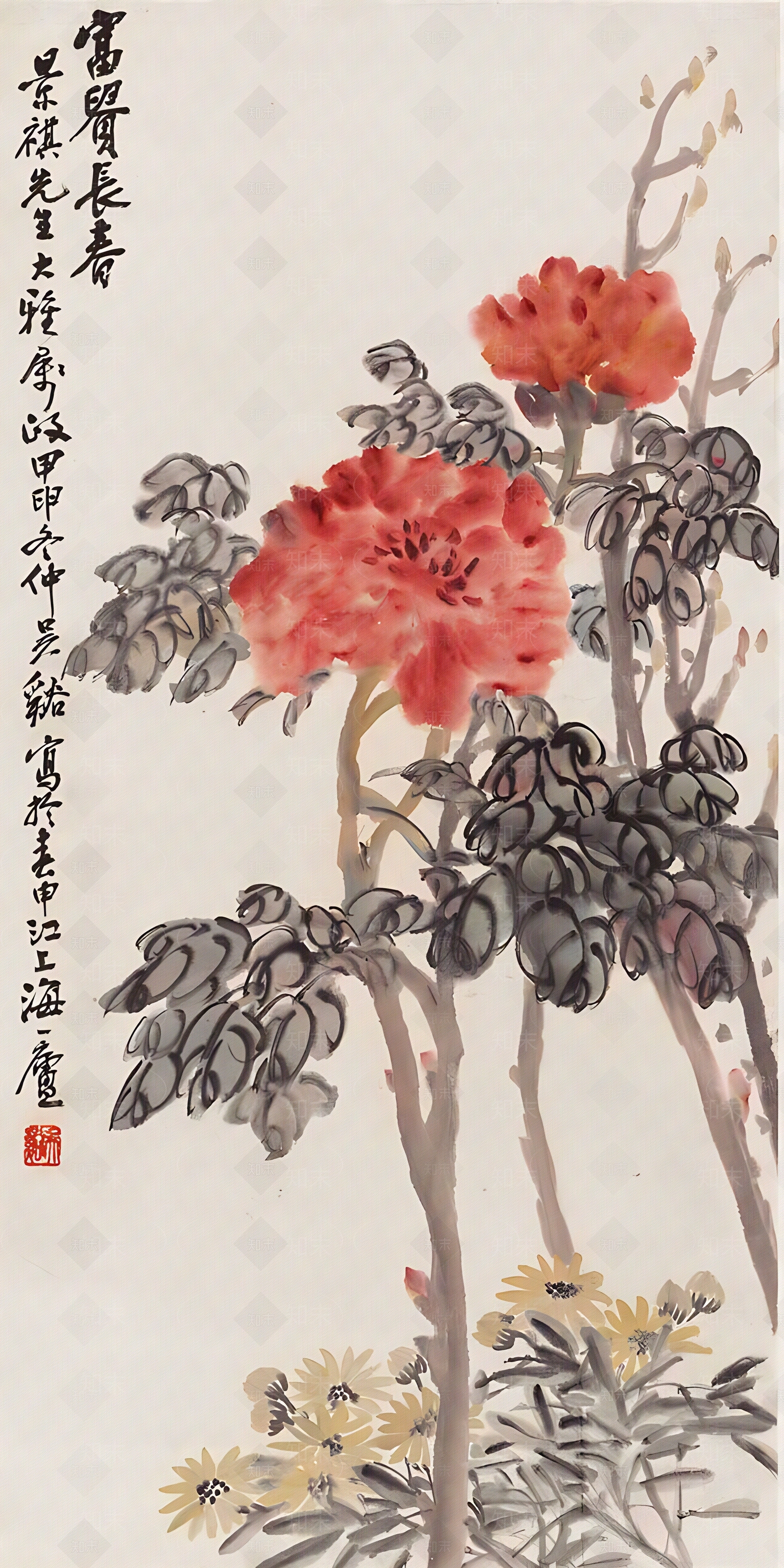 中式手绘水墨牡丹花富贵长春寓意古画贴图下载【ID:1153124516】