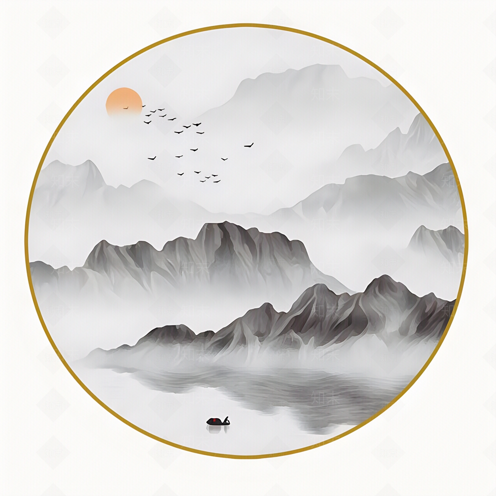 中式水墨山水渔船太阳飞鸟装饰画贴图下载【ID:1153124851】