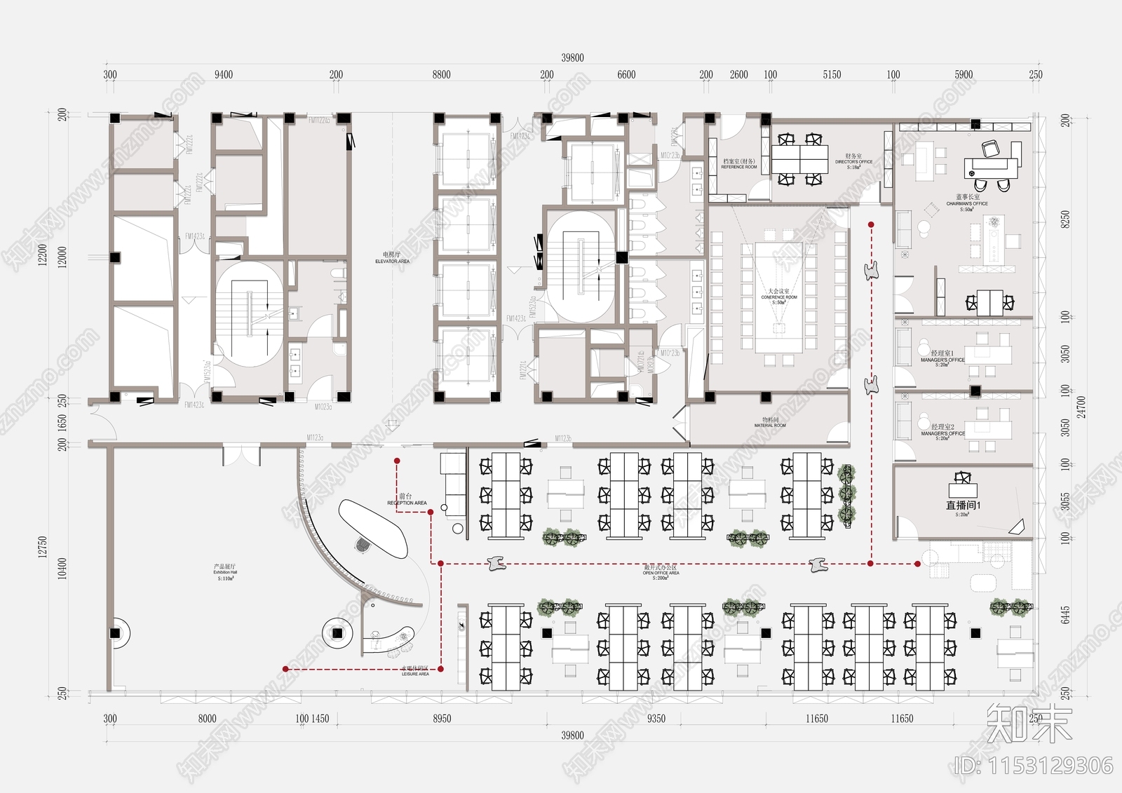 800弧形前台办公室工装平面图施工图下载【ID:1153129306】