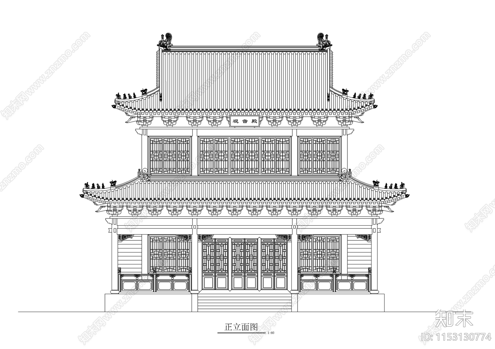 观音殿建筑cad施工图下载【ID:1153130774】