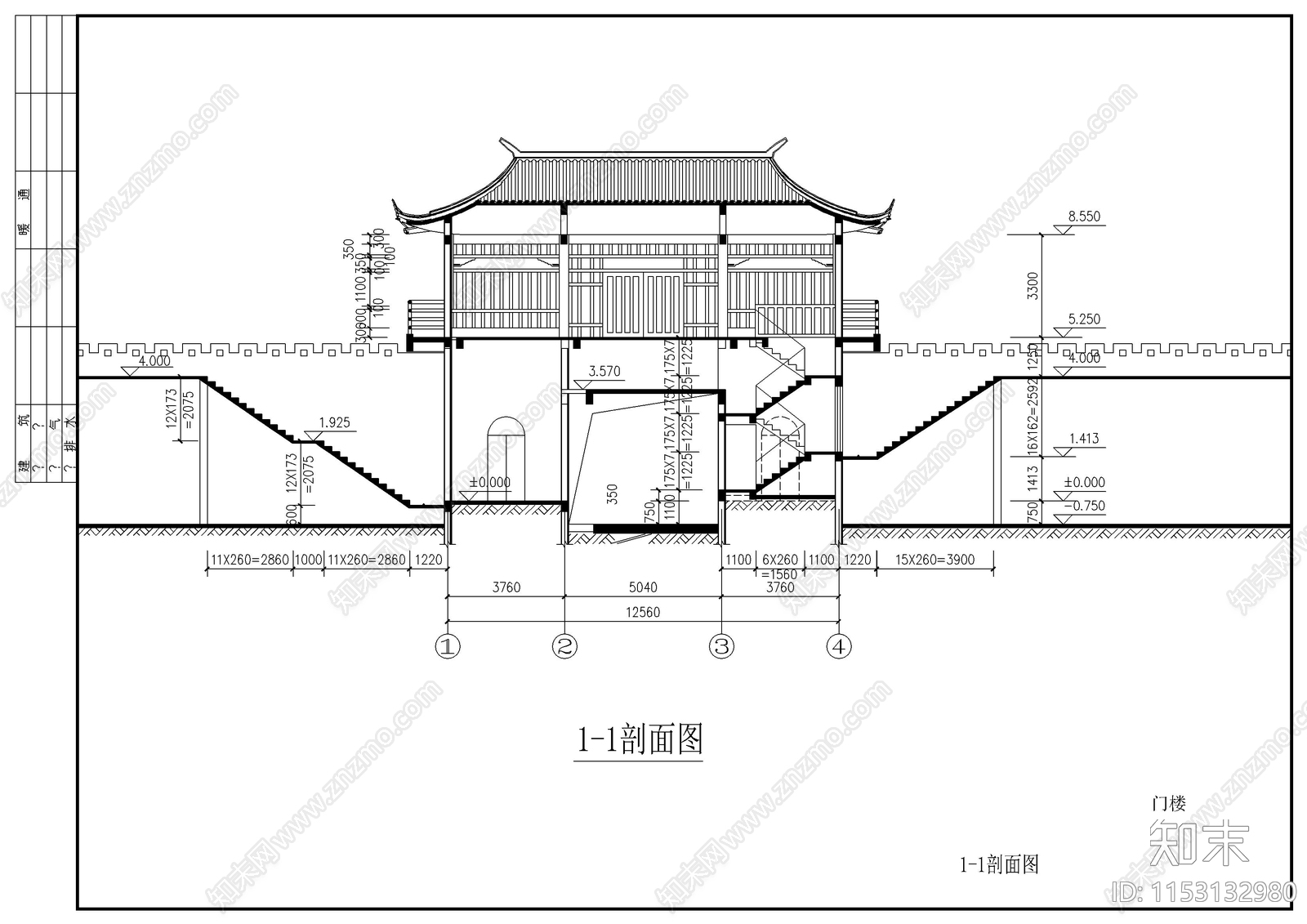 两层山门建筑图cad施工图下载【ID:1153132980】