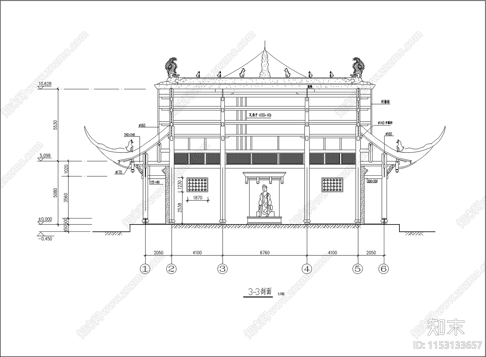 庙宇建筑cad施工图下载【ID:1153133657】