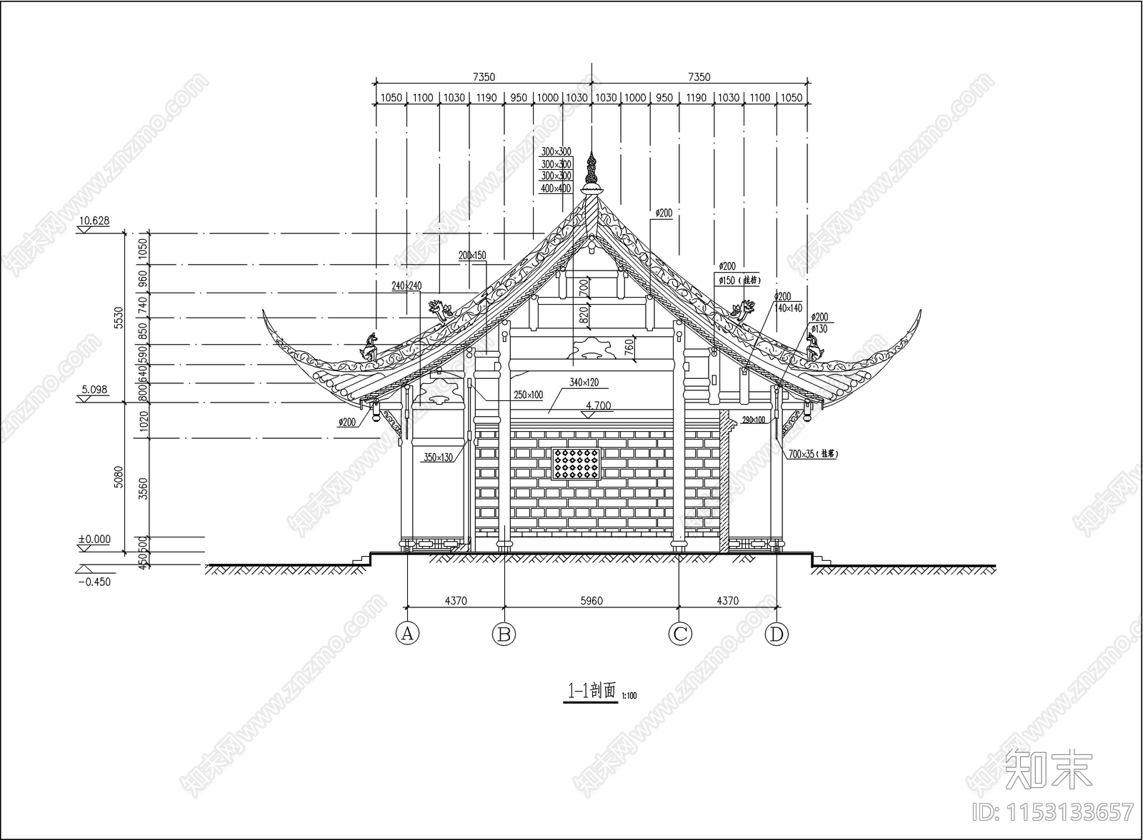 庙宇建筑cad施工图下载【ID:1153133657】