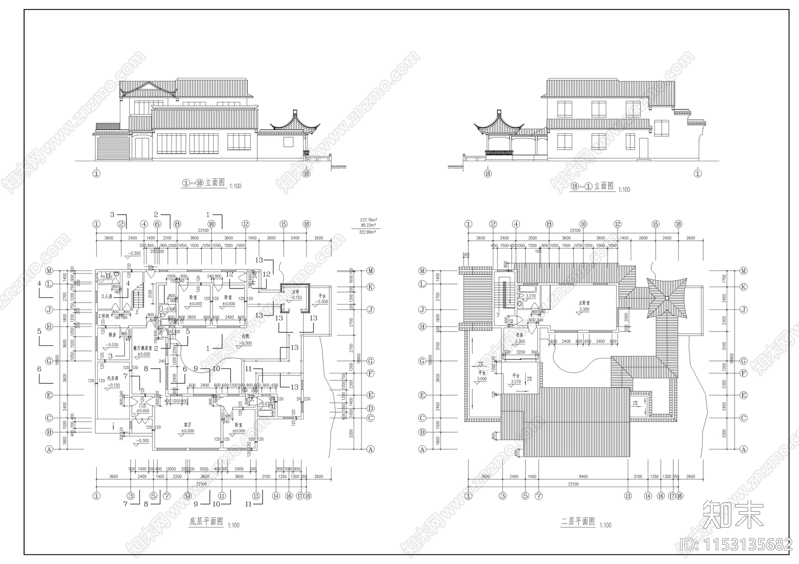 三套别墅建筑cad施工图下载【ID:1153135682】