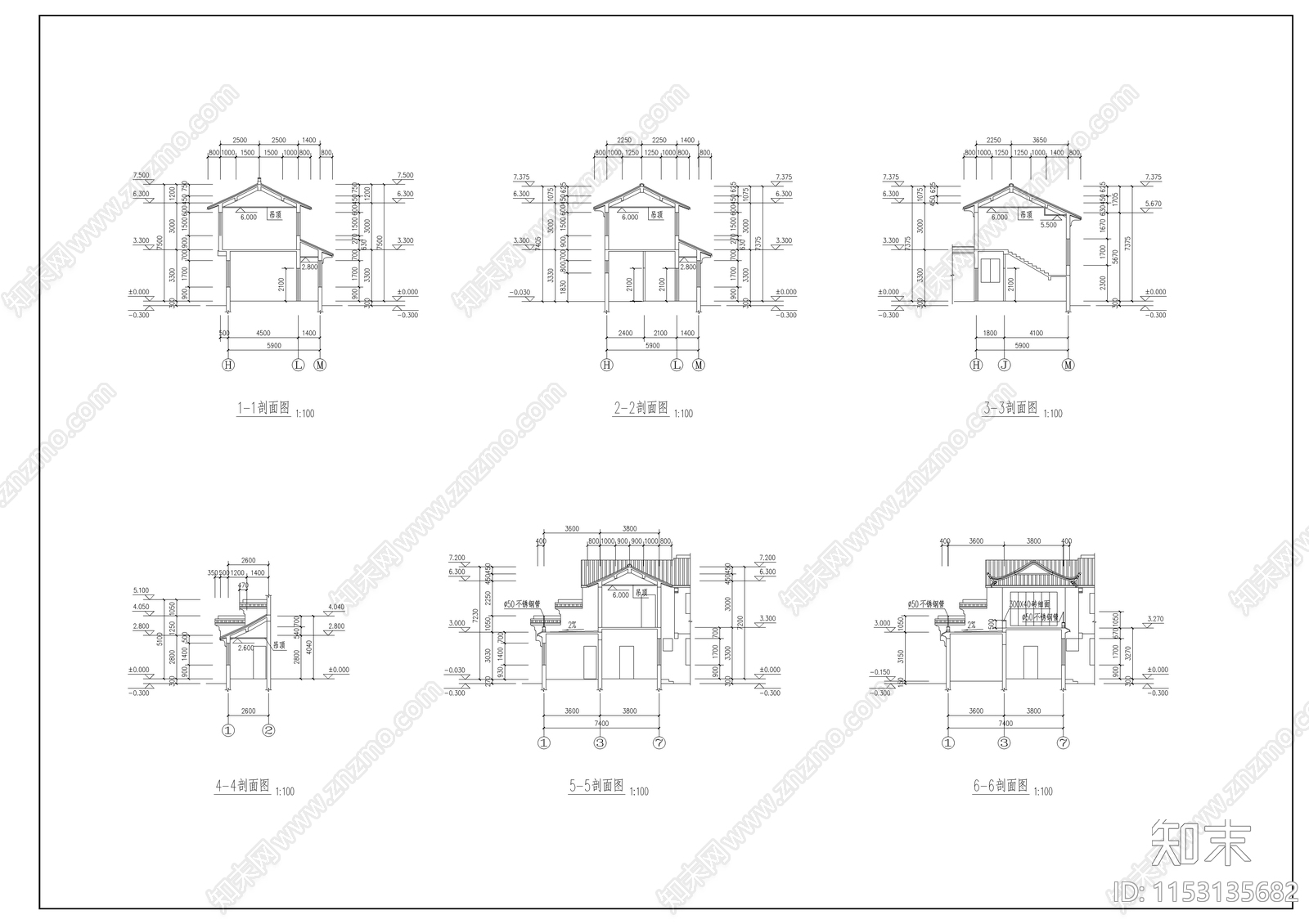 三套别墅建筑cad施工图下载【ID:1153135682】