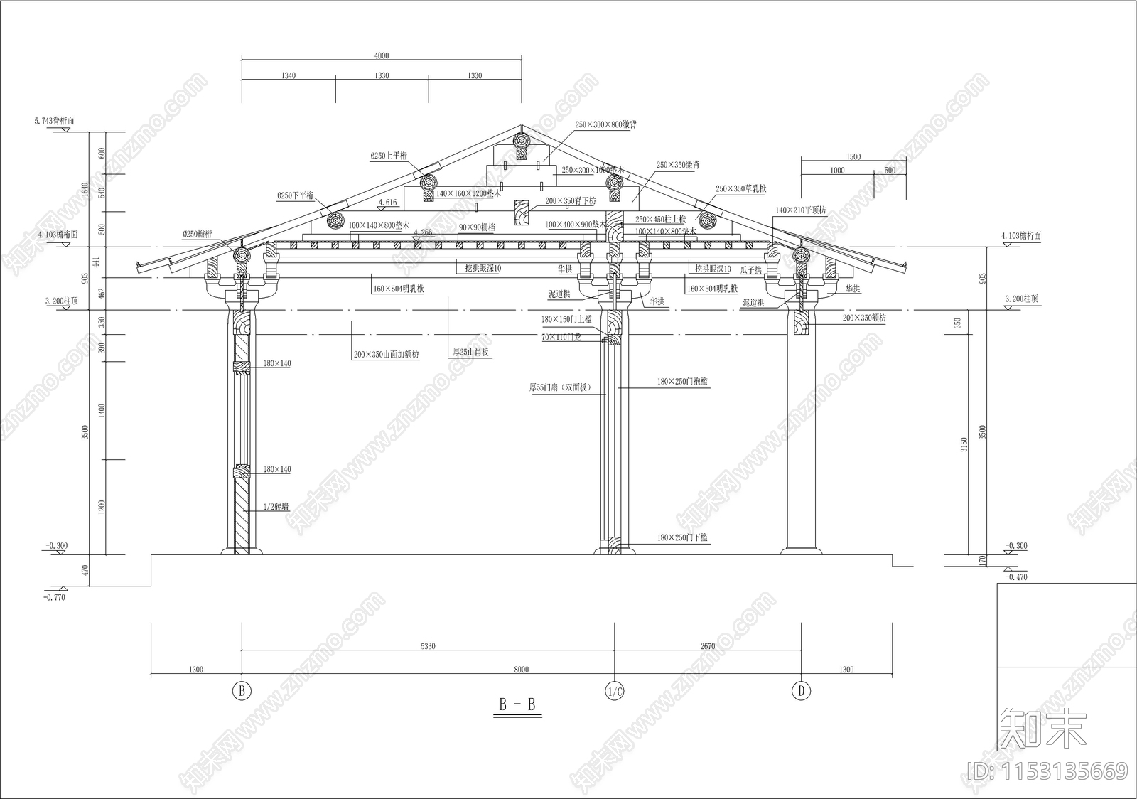 山门古建筑cad施工图下载【ID:1153135669】