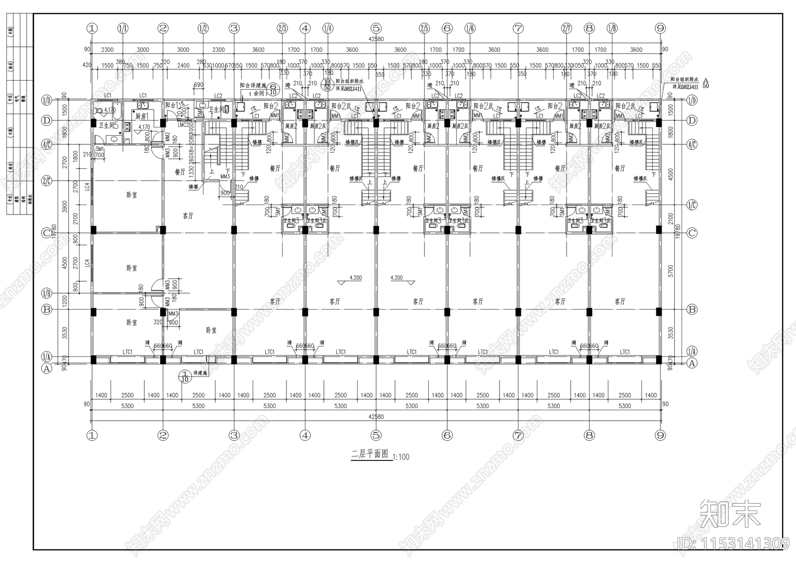 商业街商铺建筑cad施工图下载【ID:1153141309】