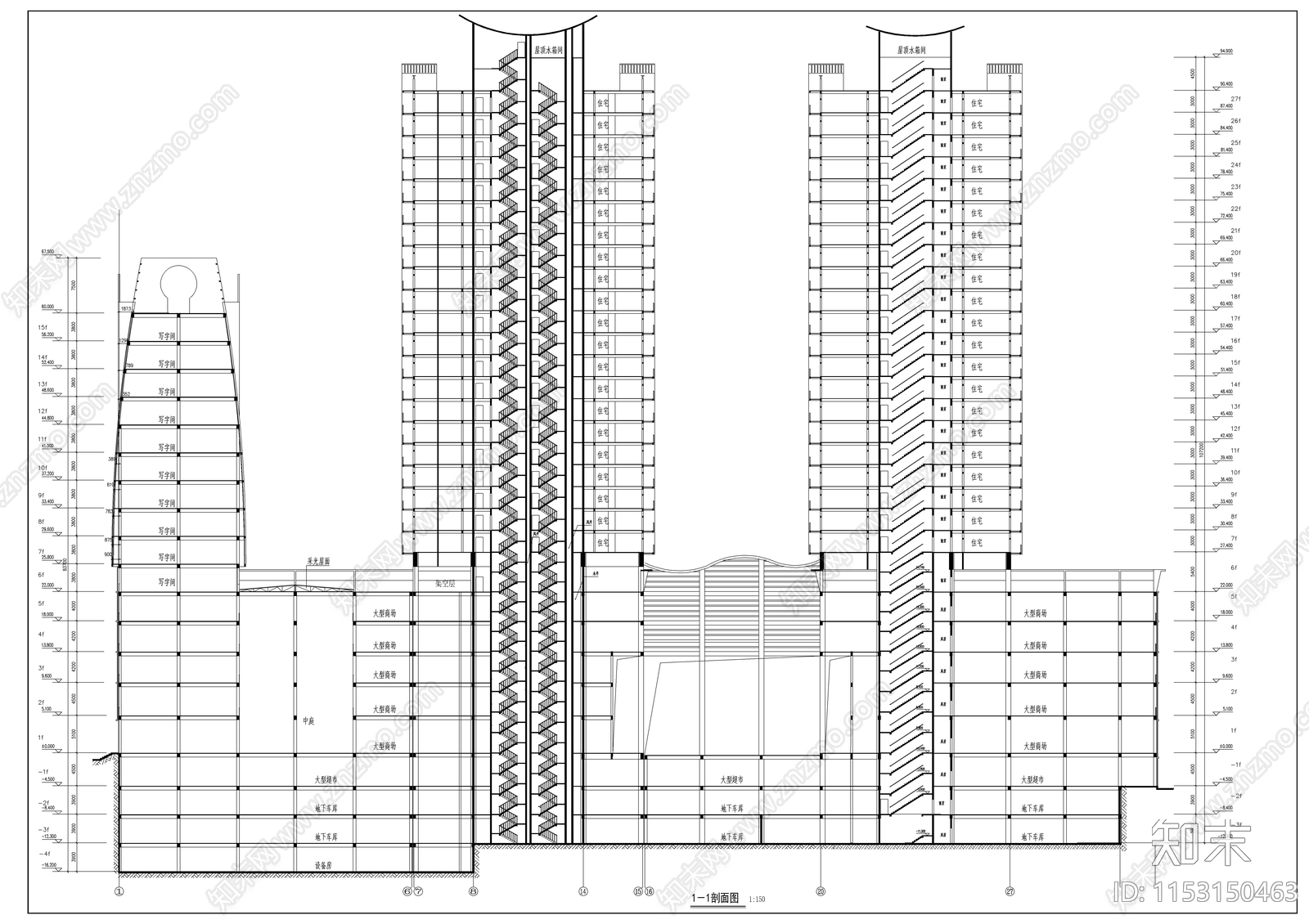 商业写字楼建筑cad施工图下载【ID:1153150463】