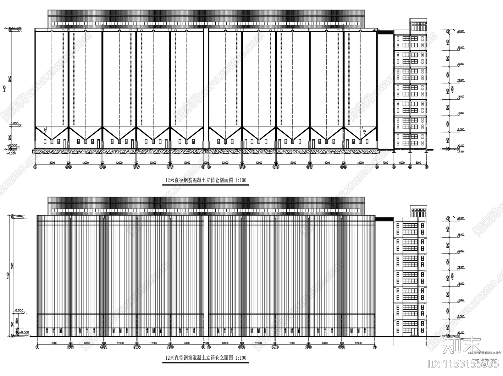 钢筋混凝土粮食筒仓立筒仓工业建筑cad施工图下载【ID:1153155935】