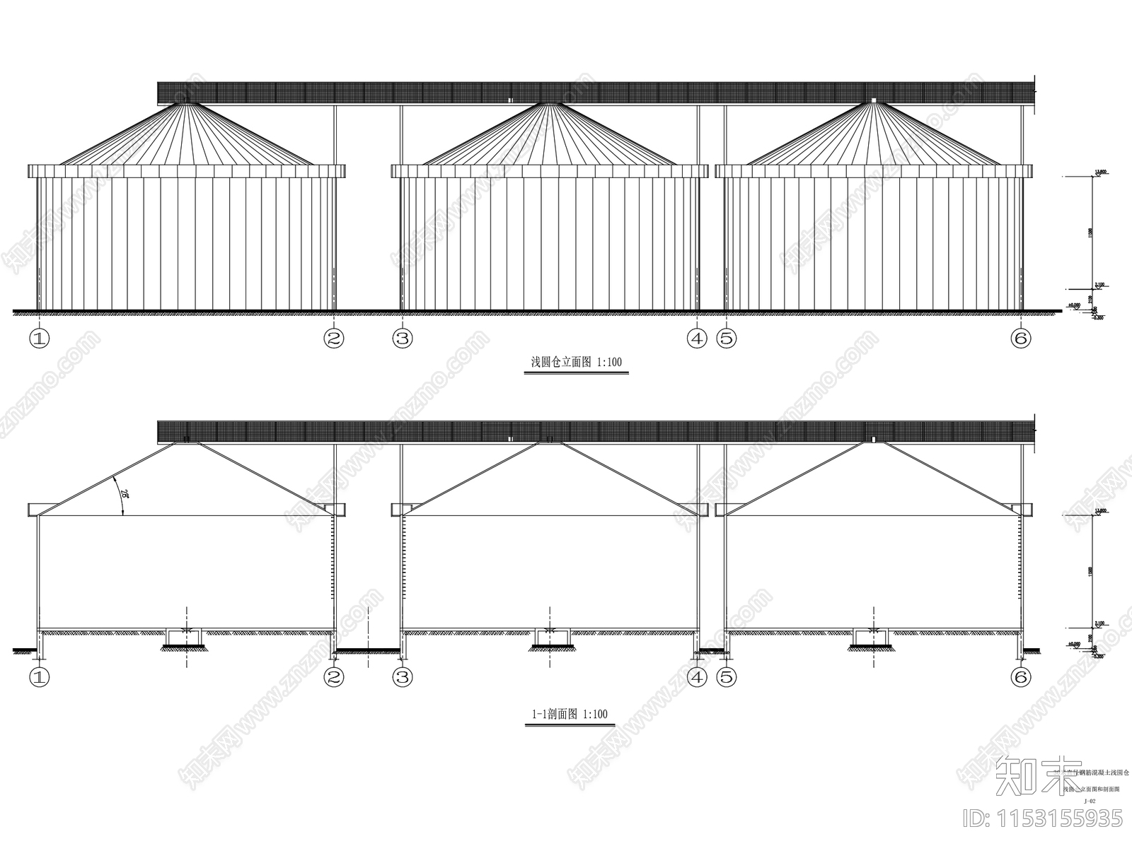 钢筋混凝土粮食筒仓立筒仓工业建筑cad施工图下载【ID:1153155935】