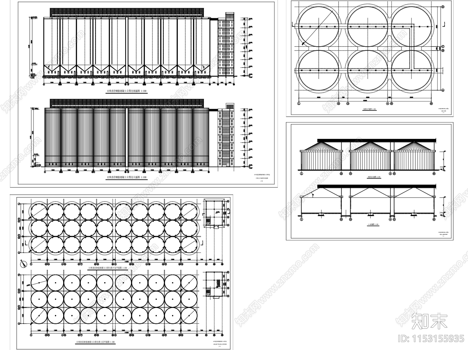 钢筋混凝土粮食筒仓立筒仓工业建筑cad施工图下载【ID:1153155935】