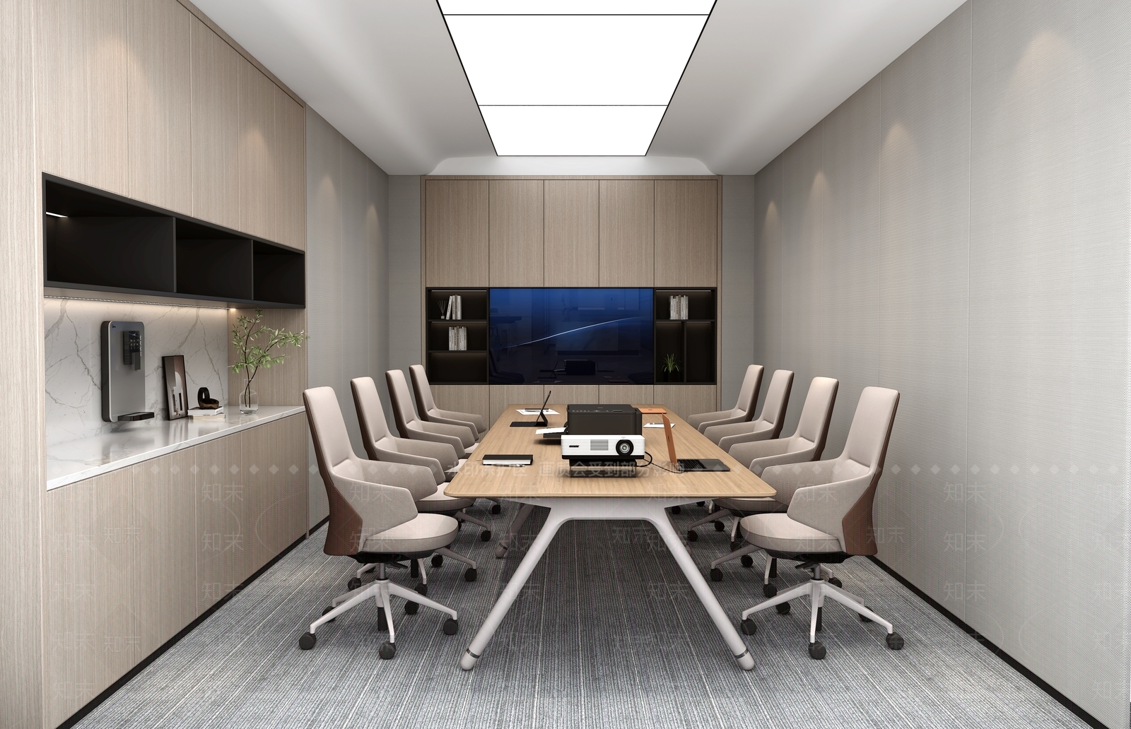 现代会议室茶水柜会议桌椅SU模型下载【ID:1153182937】