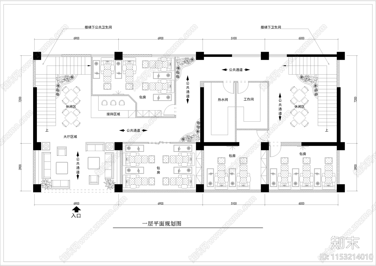 590㎡足疗会所室内cad施工图下载【ID:1153214010】