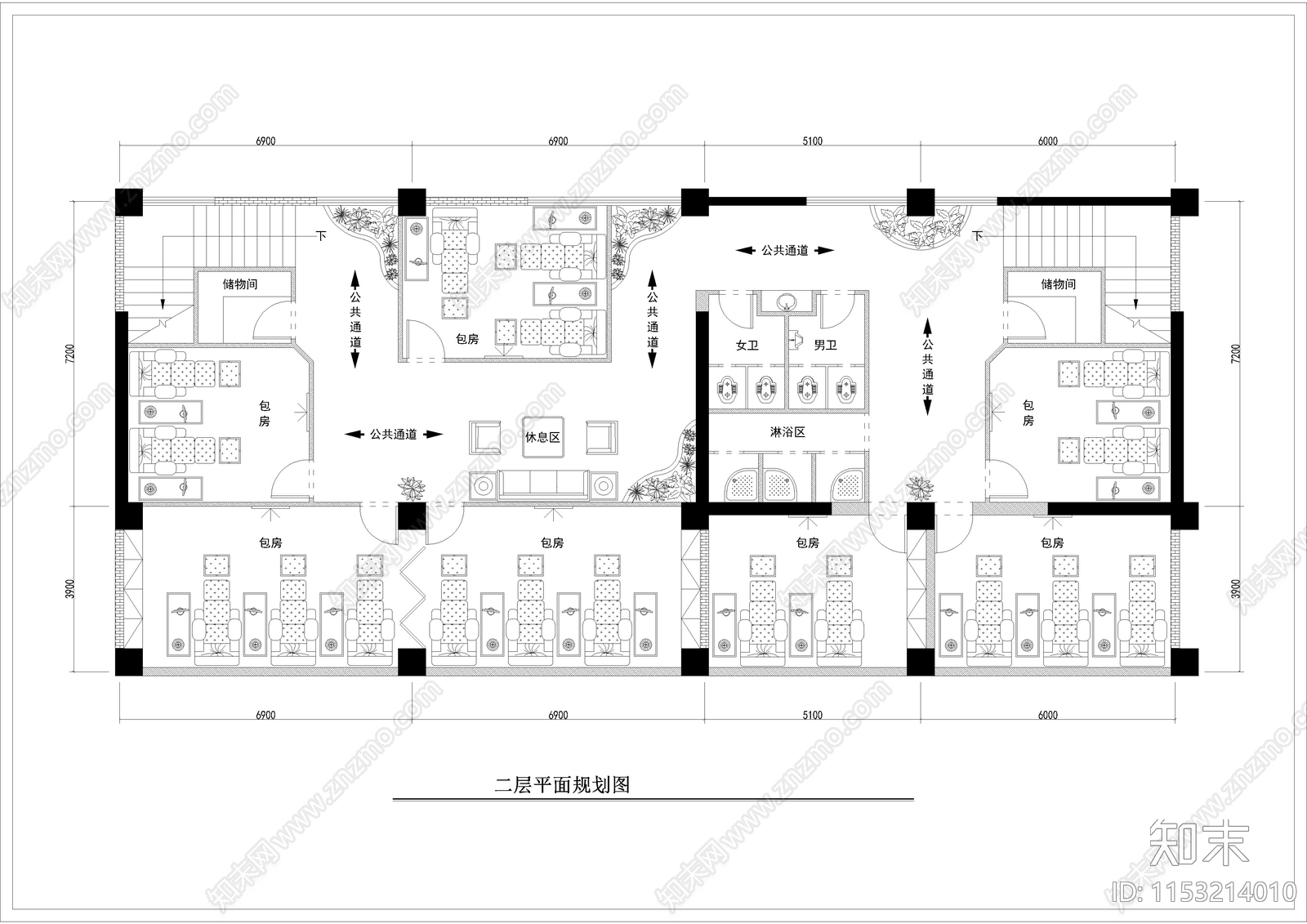 590㎡足疗会所室内cad施工图下载【ID:1153214010】