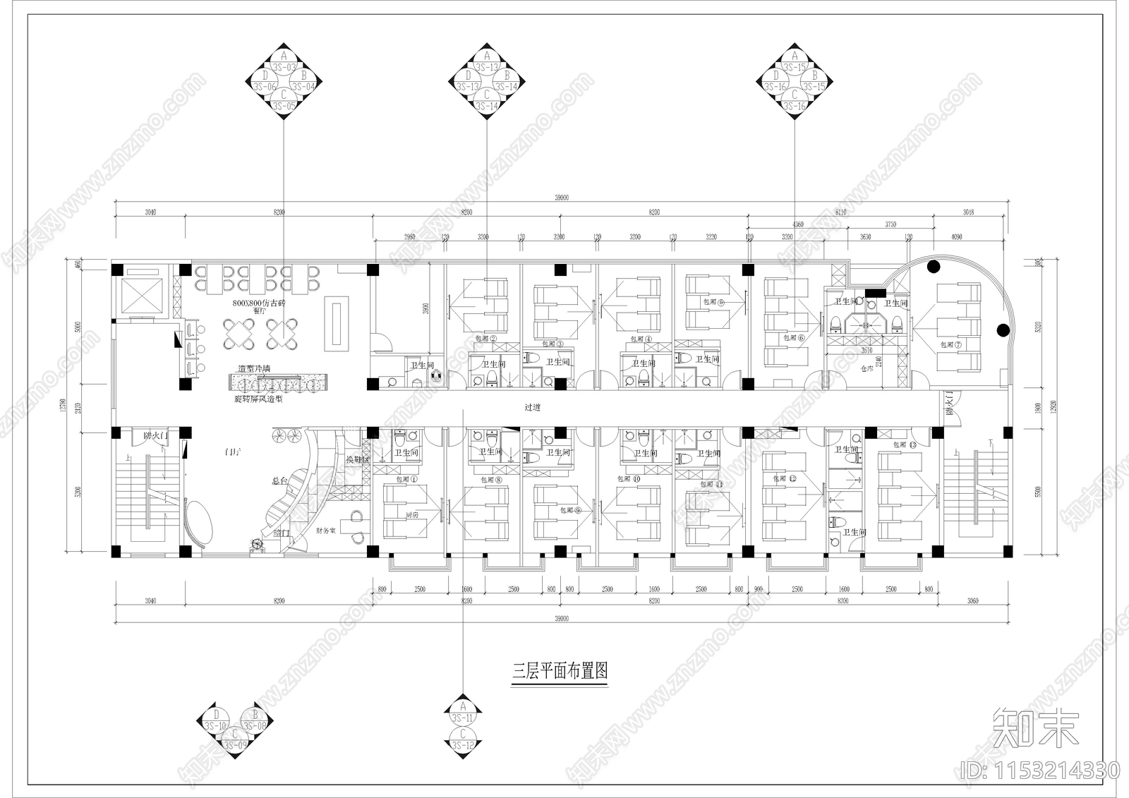 1060㎡足浴会所室内cad施工图下载【ID:1153214330】