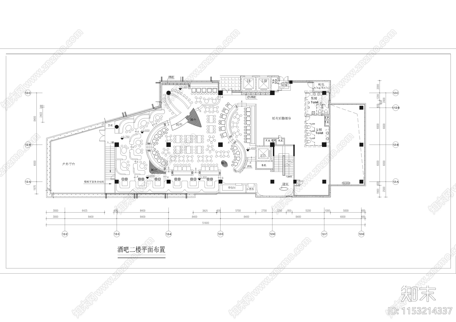 1260㎡酒吧室内cad施工图下载【ID:1153214337】