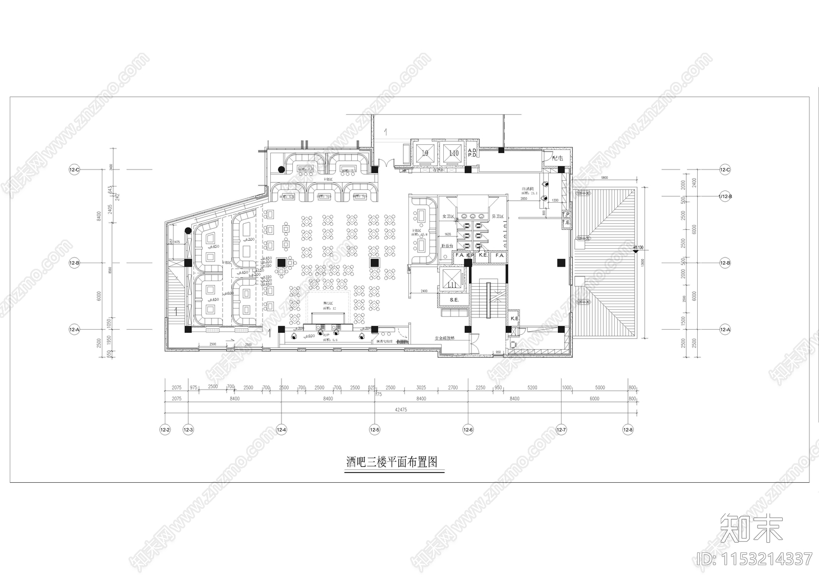 1260㎡酒吧室内cad施工图下载【ID:1153214337】