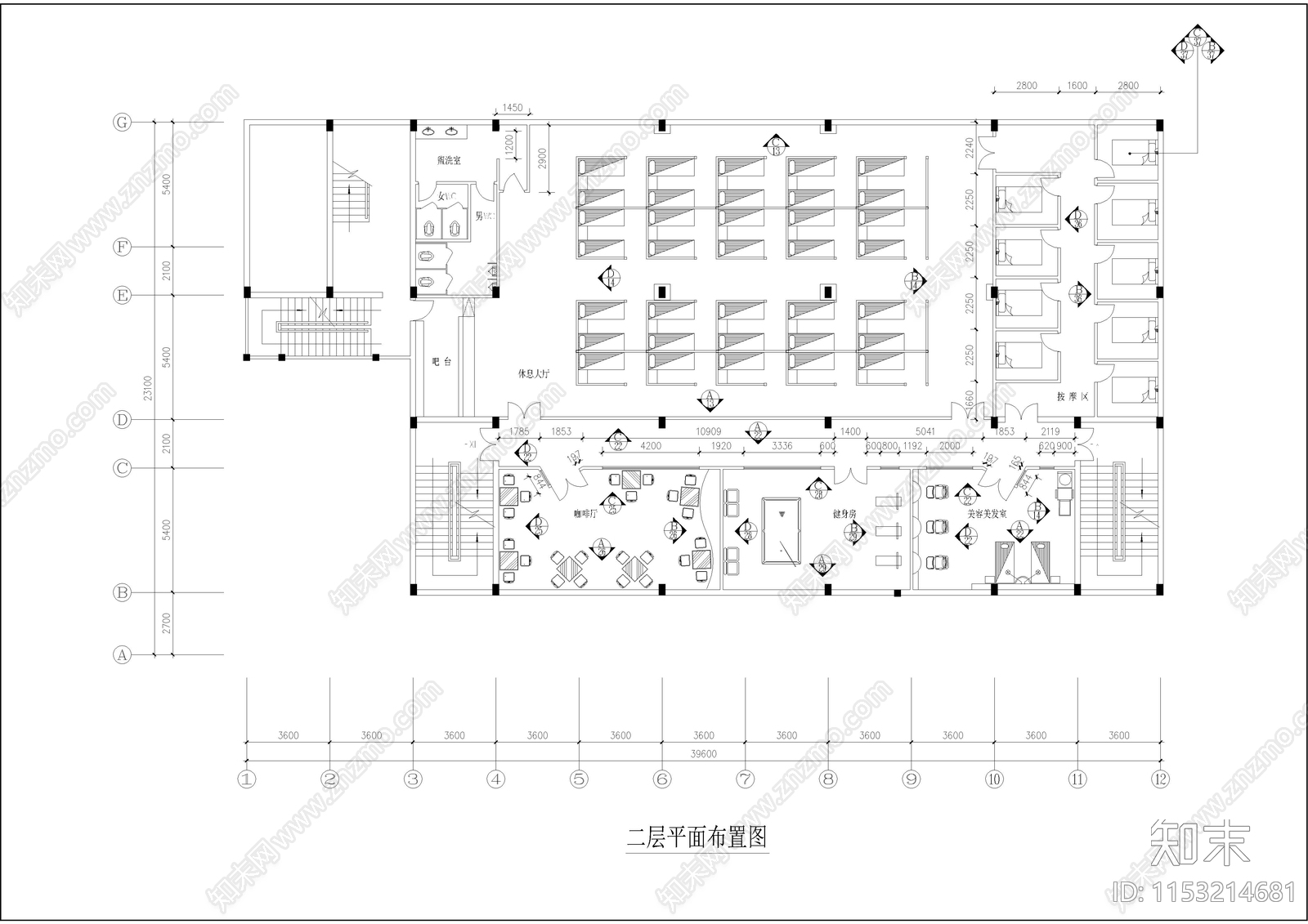 1560㎡汤泉会所室内cad施工图下载【ID:1153214681】